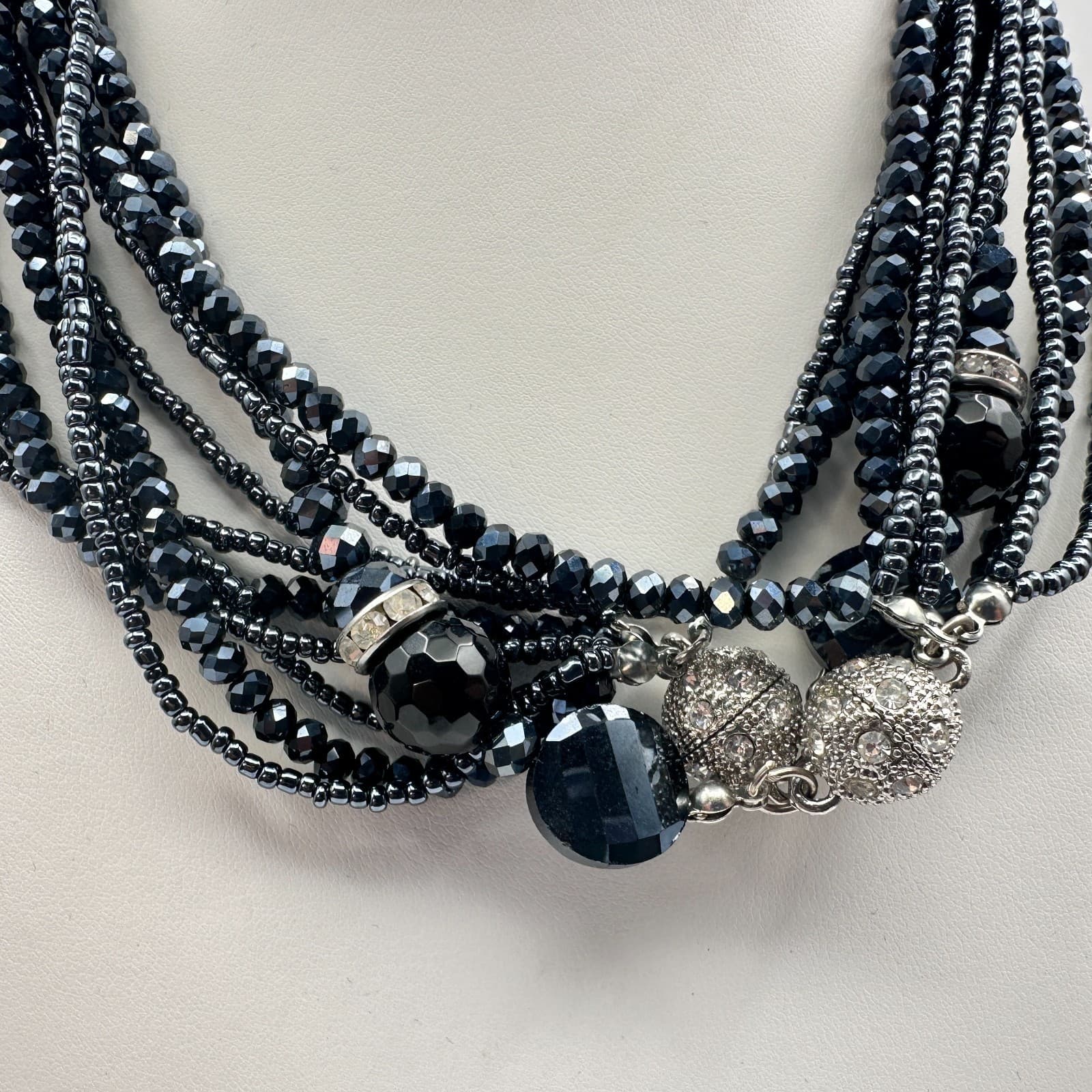 Vintage 80s 70s Multi-Strand Black Beaded Statement Necklace Boho Jewelry - Thumbnail 3