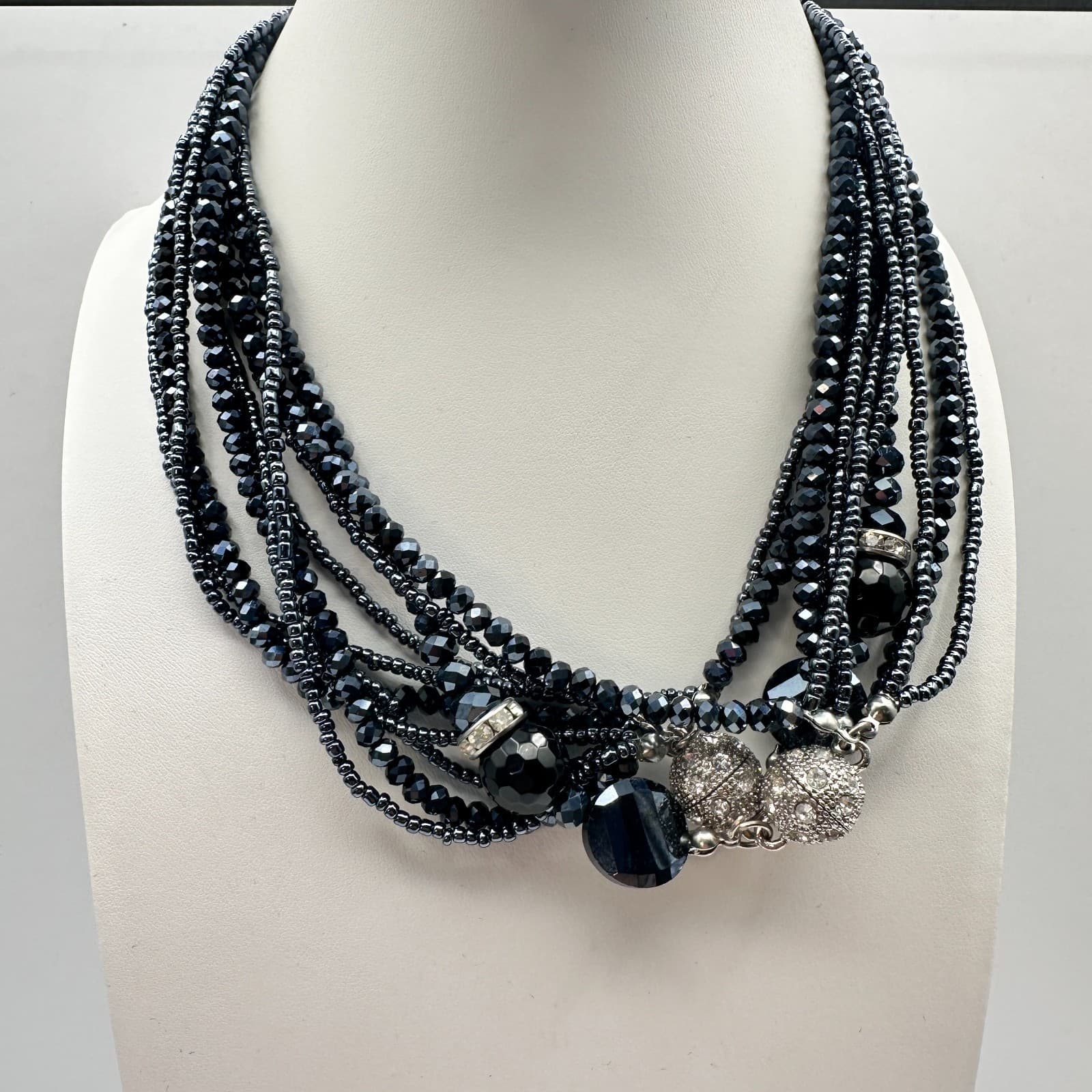 Vintage 80s 70s Multi-Strand Black Beaded Statement Necklace Boho Jewelry - Thumbnail 2