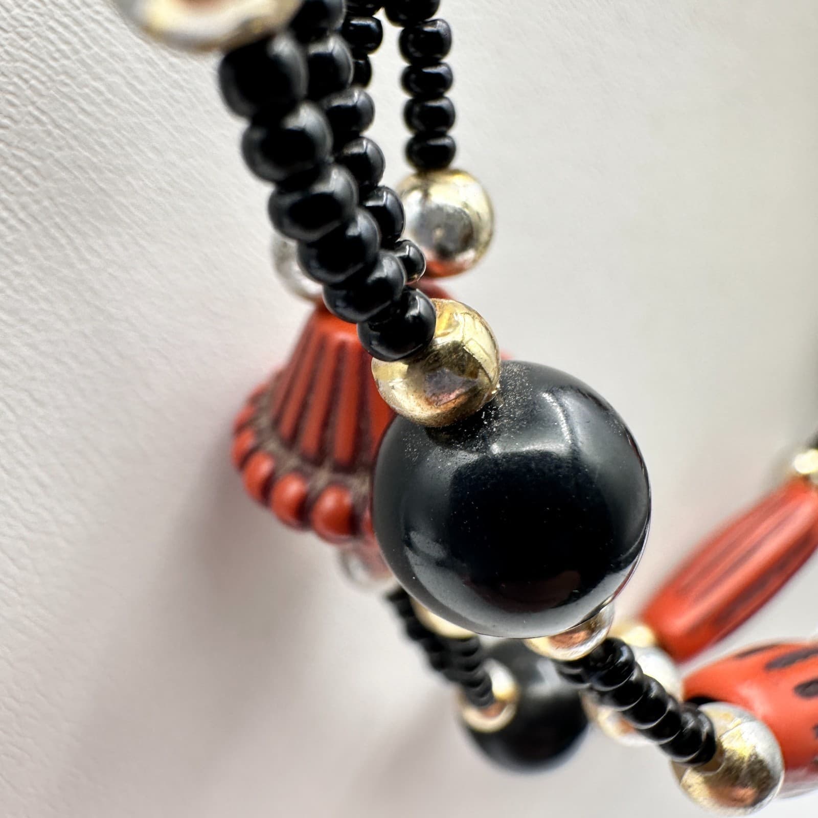 Vintage 80s 90s Silver Tone Black Beaded Multi-Strand Necklace Women's Jewelry - Thumbnail 7