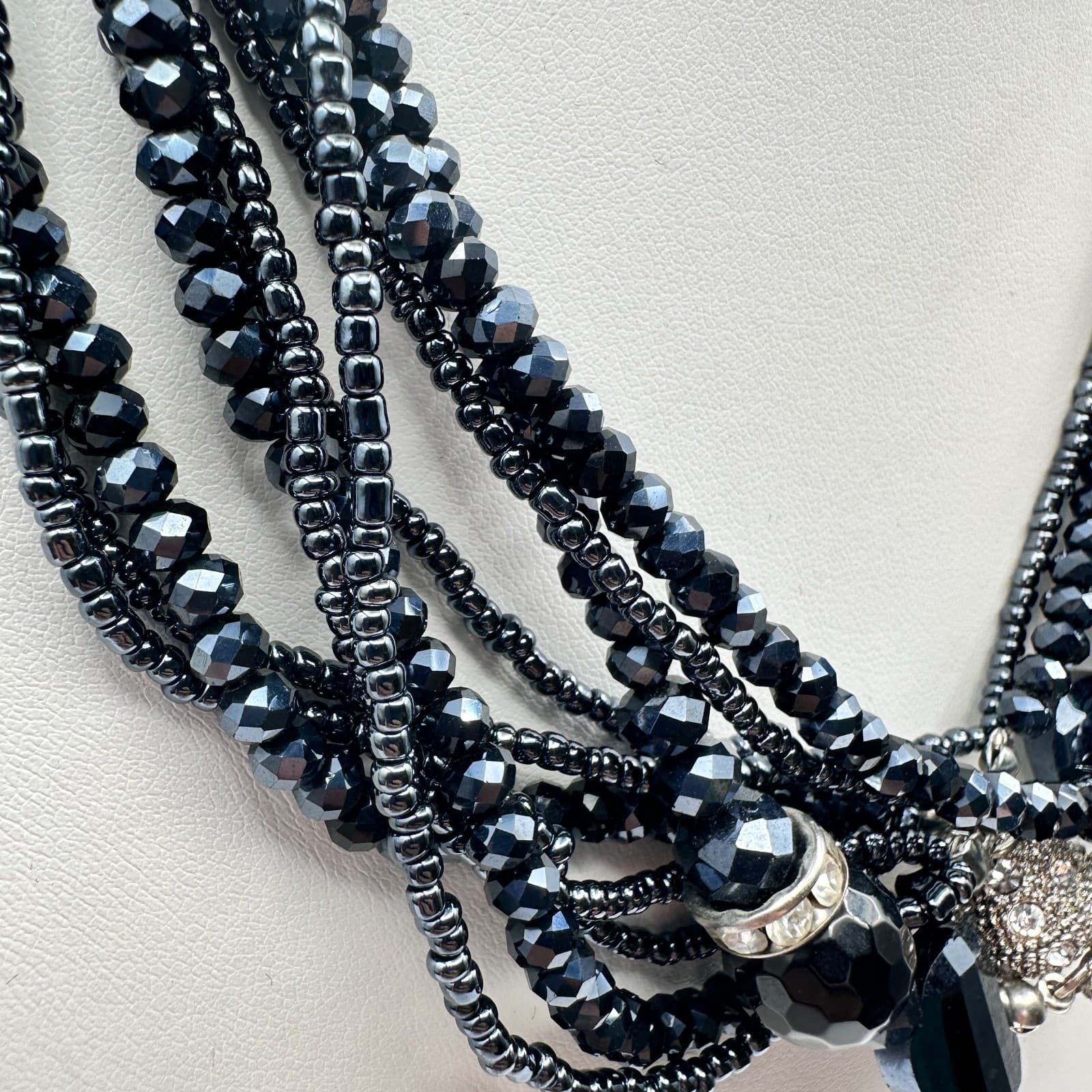 Vintage 80s 70s Multi-Strand Black Beaded Statement Necklace Boho Jewelry - Thumbnail 8