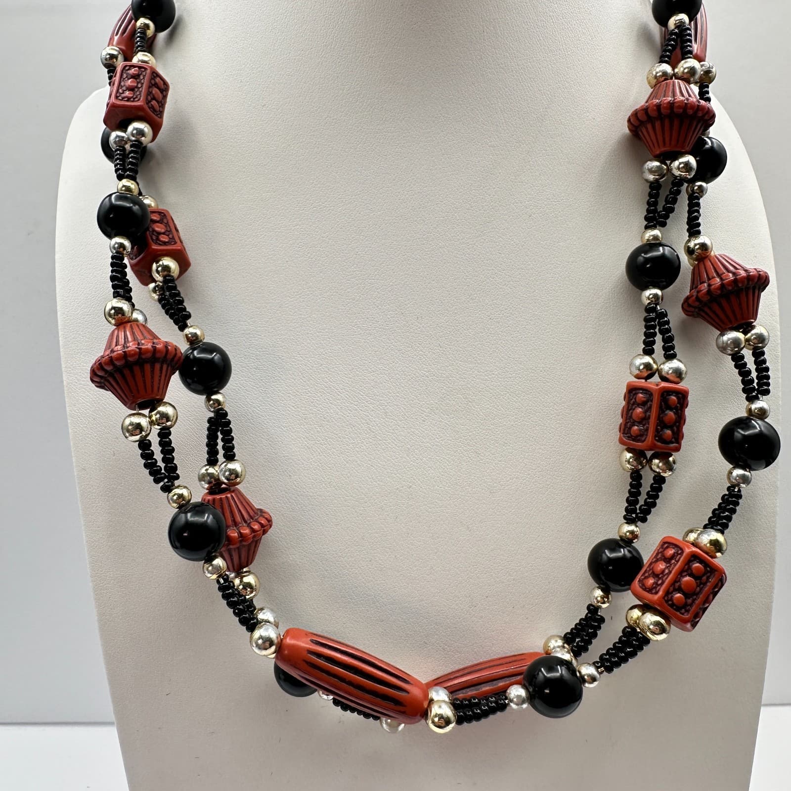 Vintage 80s 90s Silver Tone Black Beaded Multi-Strand Necklace Women's Jewelry - Thumbnail 8