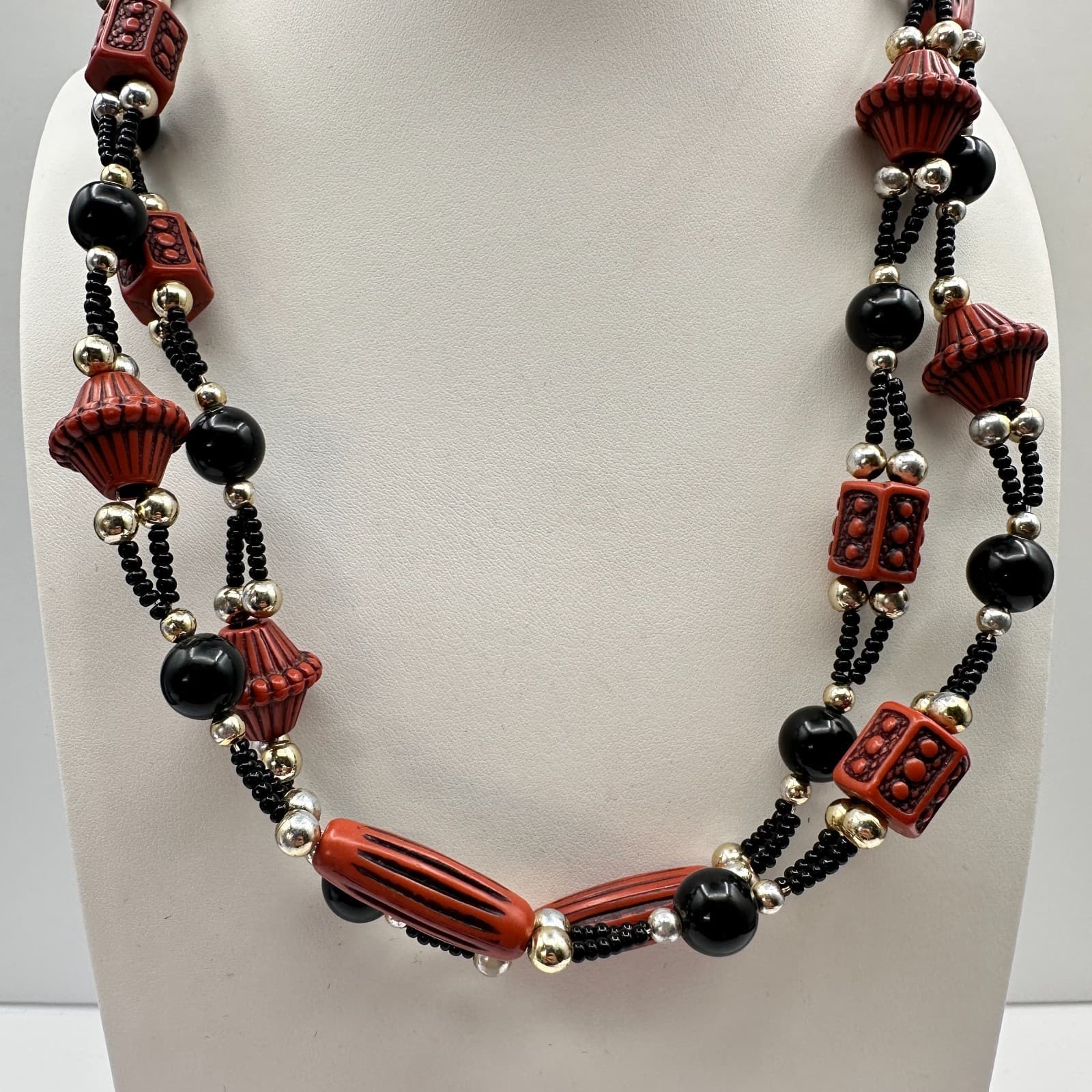 Vintage 80s 90s Silver Tone Black Beaded Multi-Strand Necklace Women's Jewelry - Thumbnail 2