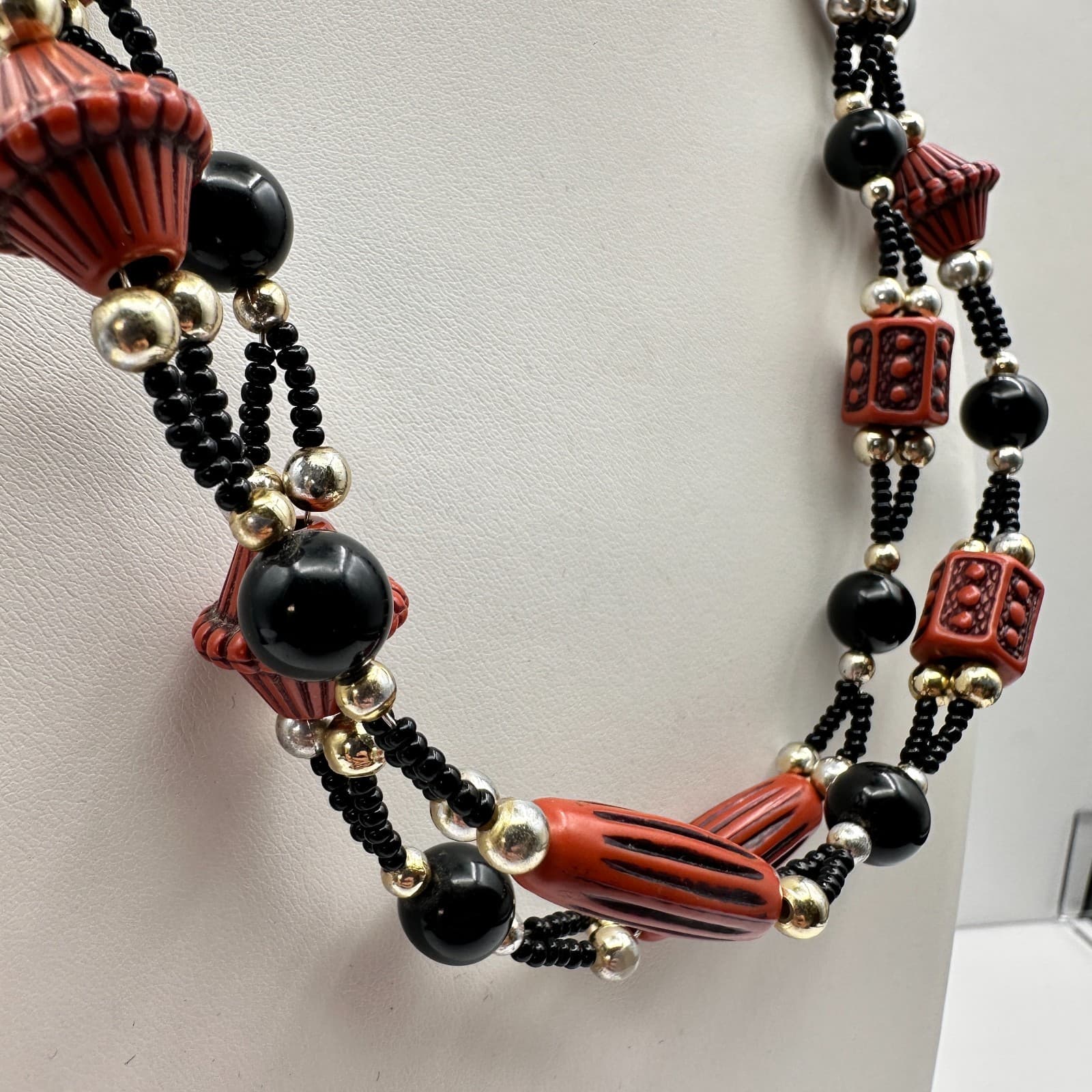 Vintage 80s 90s Silver Tone Black Beaded Multi-Strand Necklace Women's Jewelry - Thumbnail 5