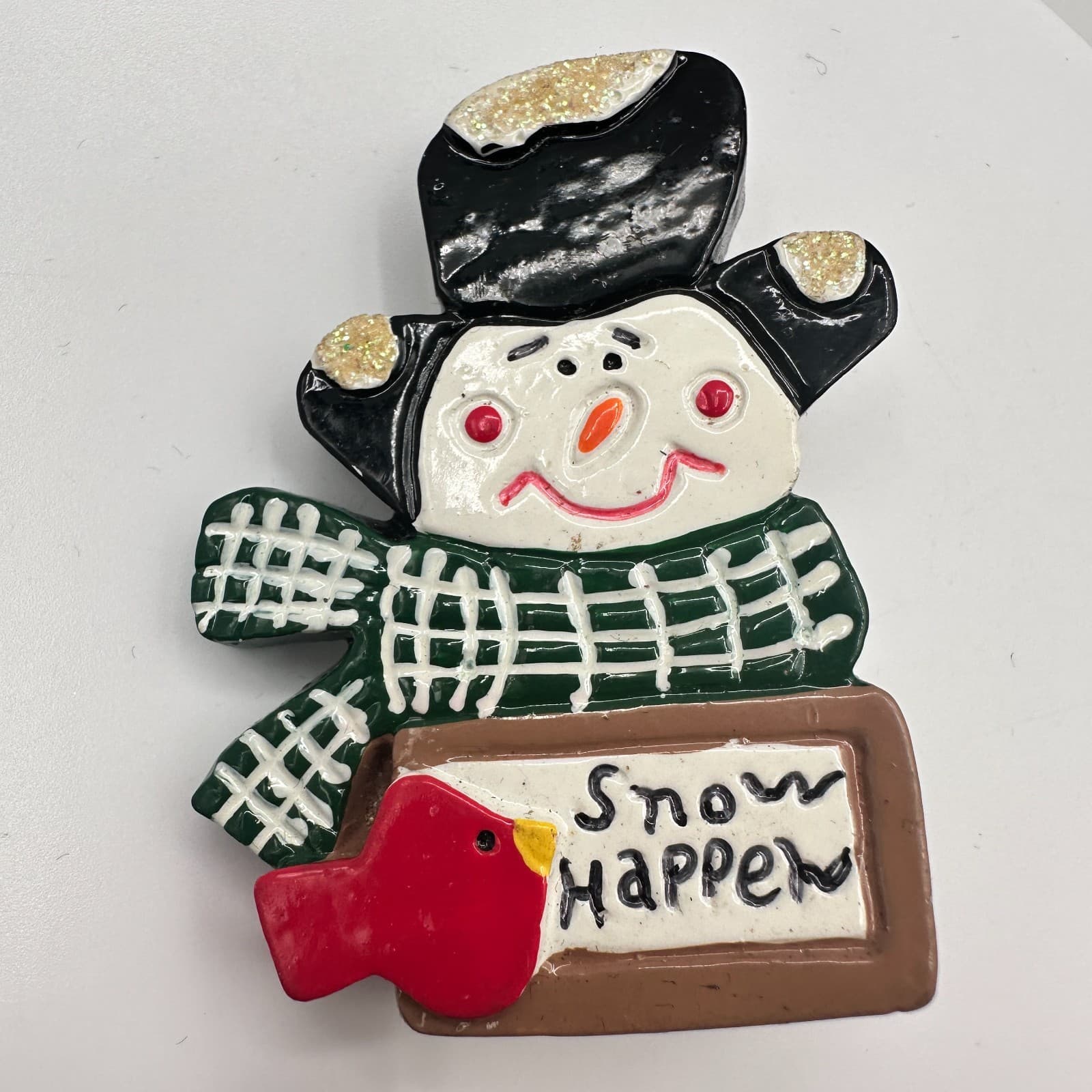 Vintage 90s Snowman Snow Happens Brooch Pin Cardinal Bird Winter Classic Jewelry - Thumbnail 3