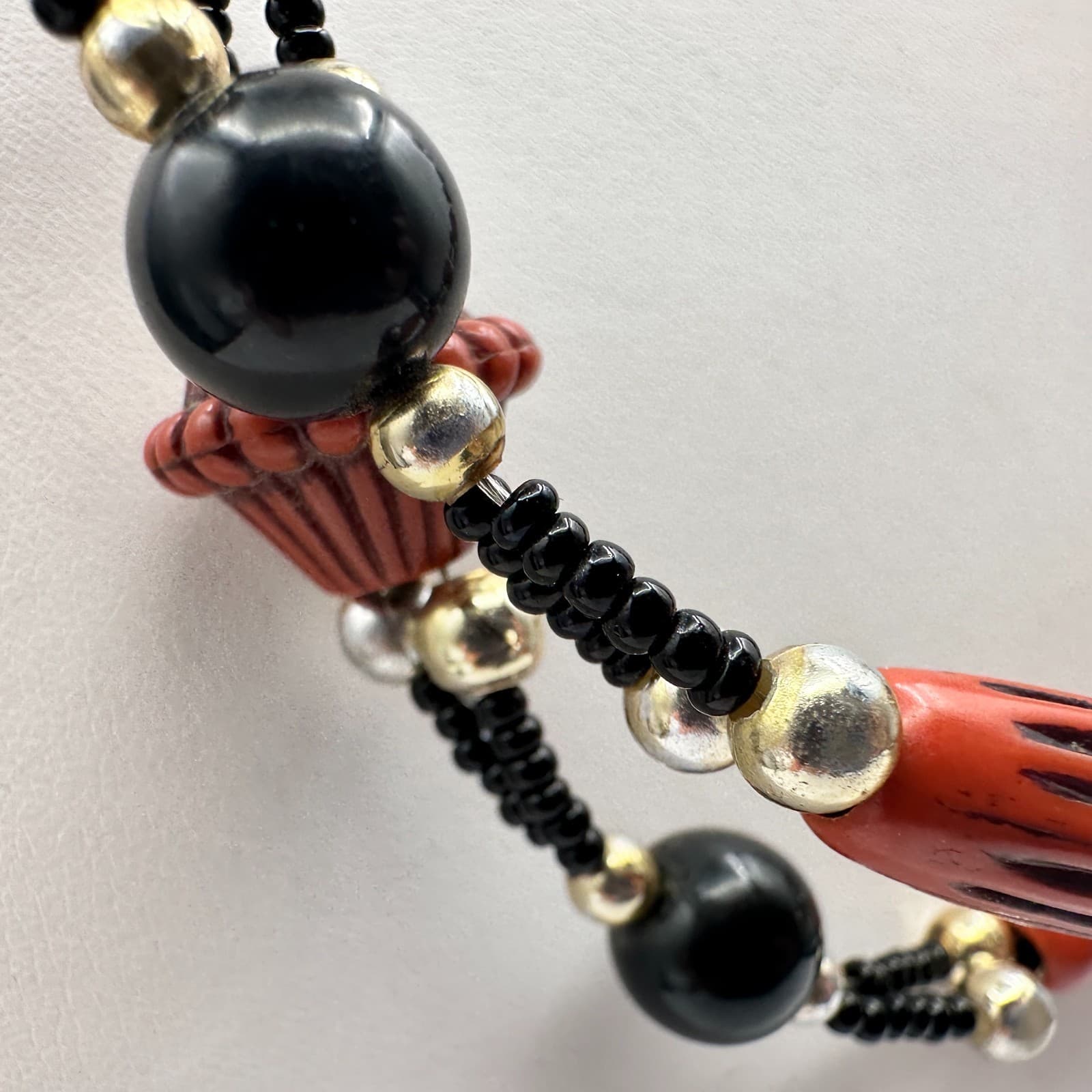 Vintage 80s 90s Silver Tone Black Beaded Multi-Strand Necklace Women's Jewelry - Thumbnail 4