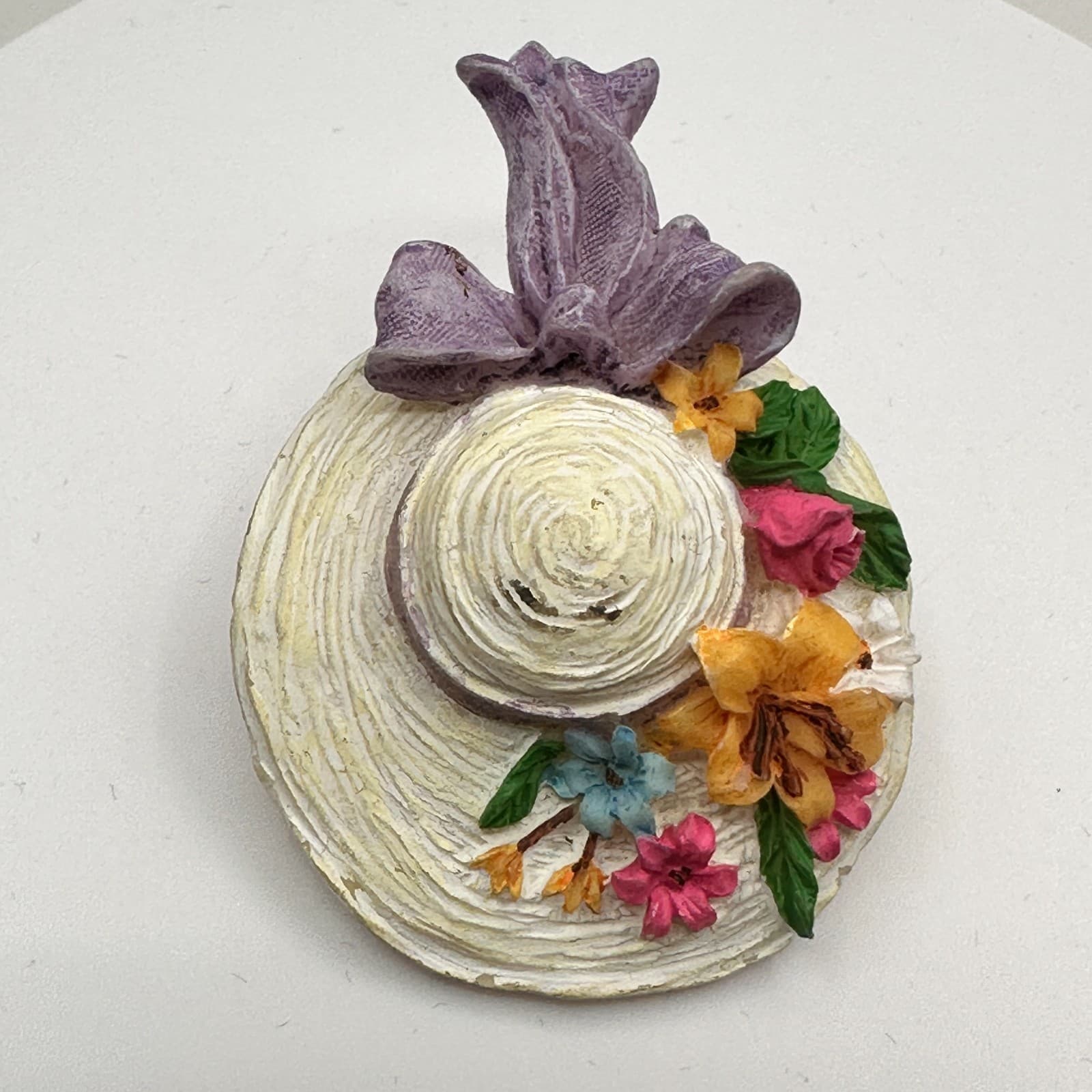 Vintage 90s Floral Sun Hat Lapel Brooch Pin Garden Style Boho Fashion Jewelry - Image 1