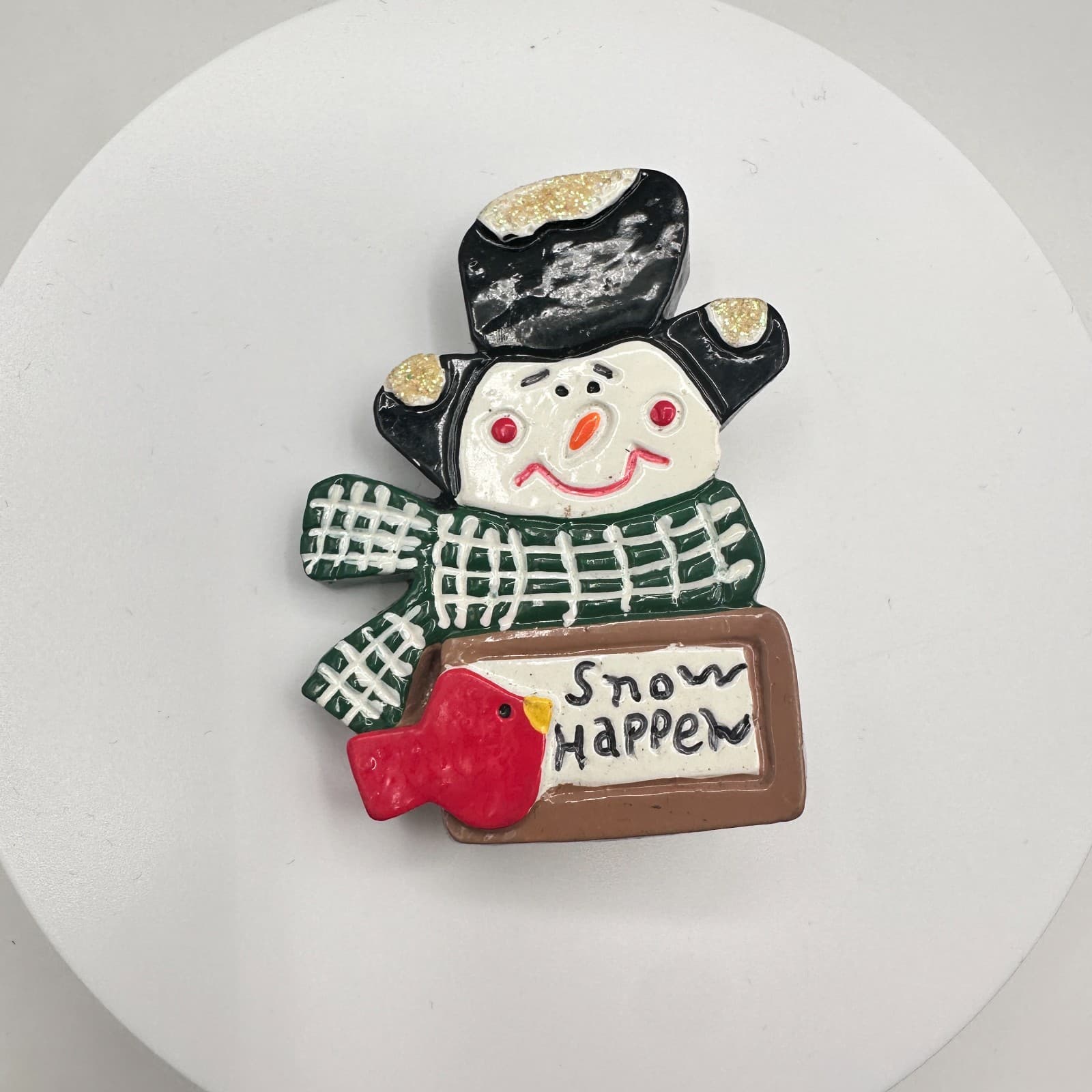 Vintage 90s Snowman Snow Happens Brooch Pin Cardinal Bird Winter Classic Jewelry - Thumbnail 2