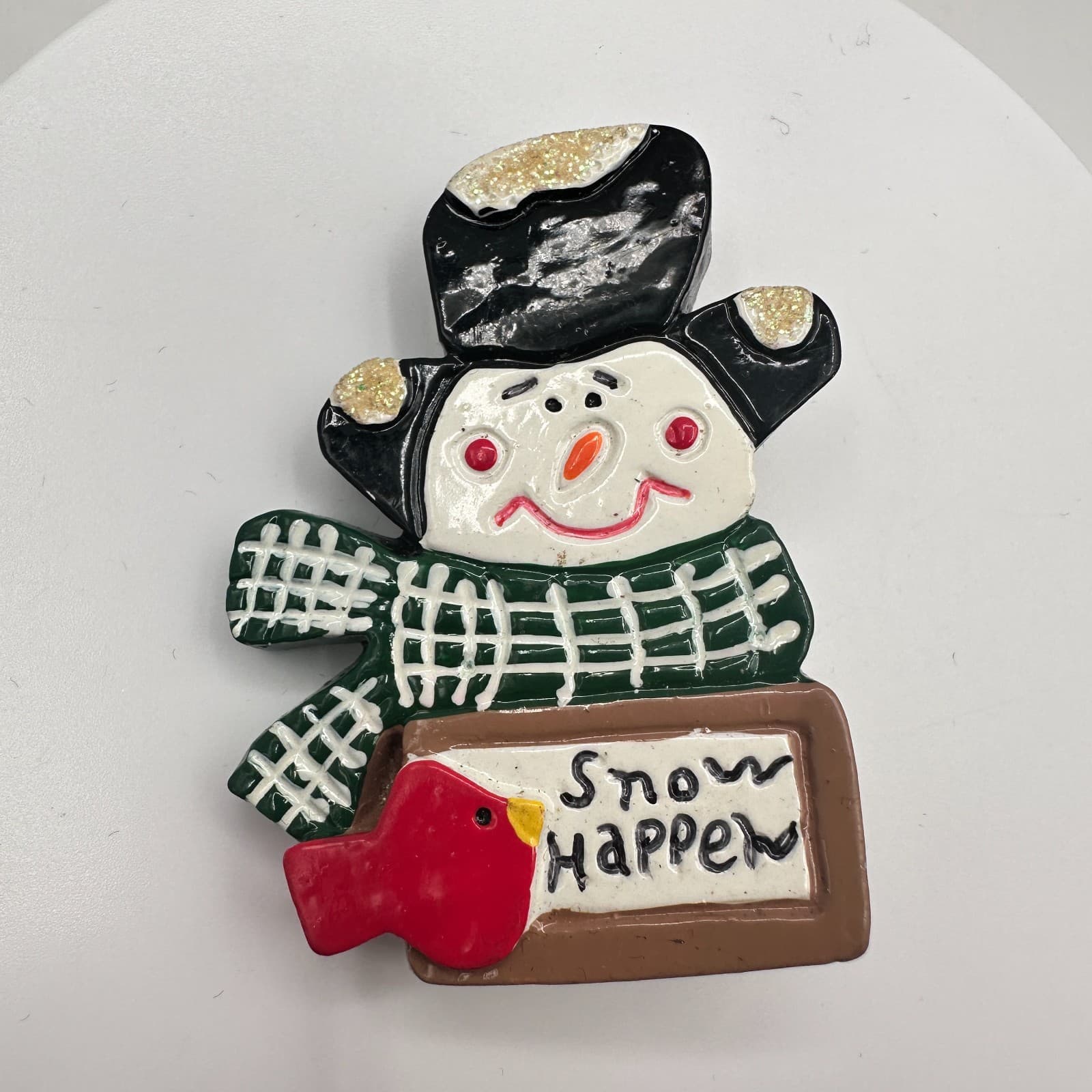 Vintage 90s Snowman Snow Happens Brooch Pin Cardinal Bird Winter Classic Jewelry - Image 1