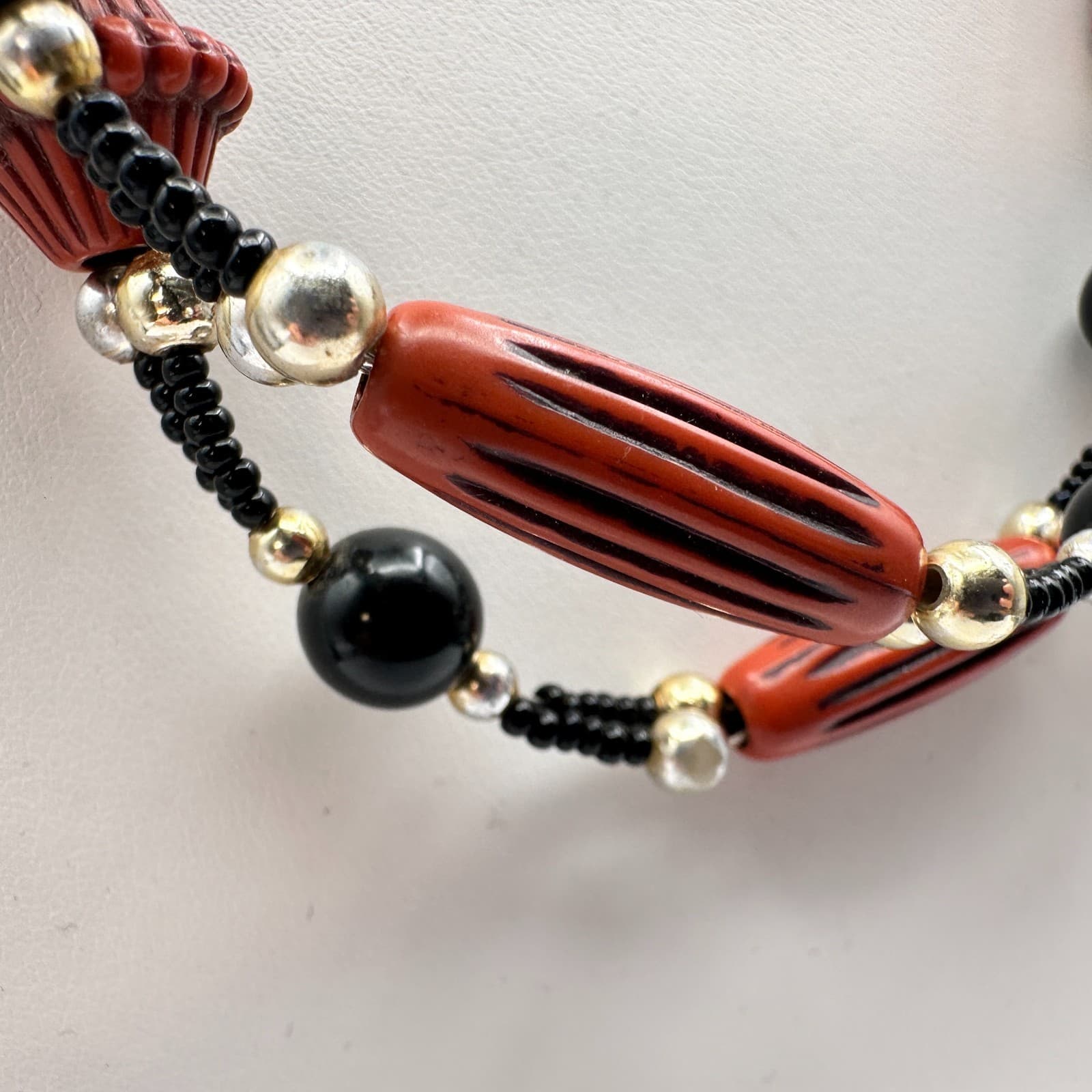 Vintage 80s 90s Silver Tone Black Beaded Multi-Strand Necklace Women's Jewelry - Thumbnail 3