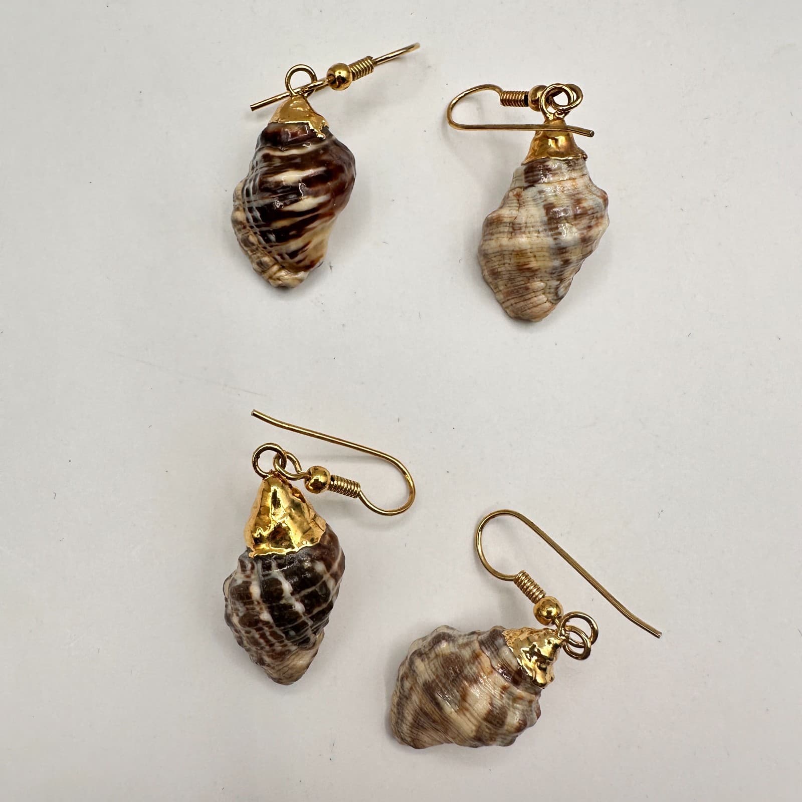 Vintage 90s Sea Shell Dangle Earrings Set of 2 Gold Tone Boho Beach Jewelry - Image 1