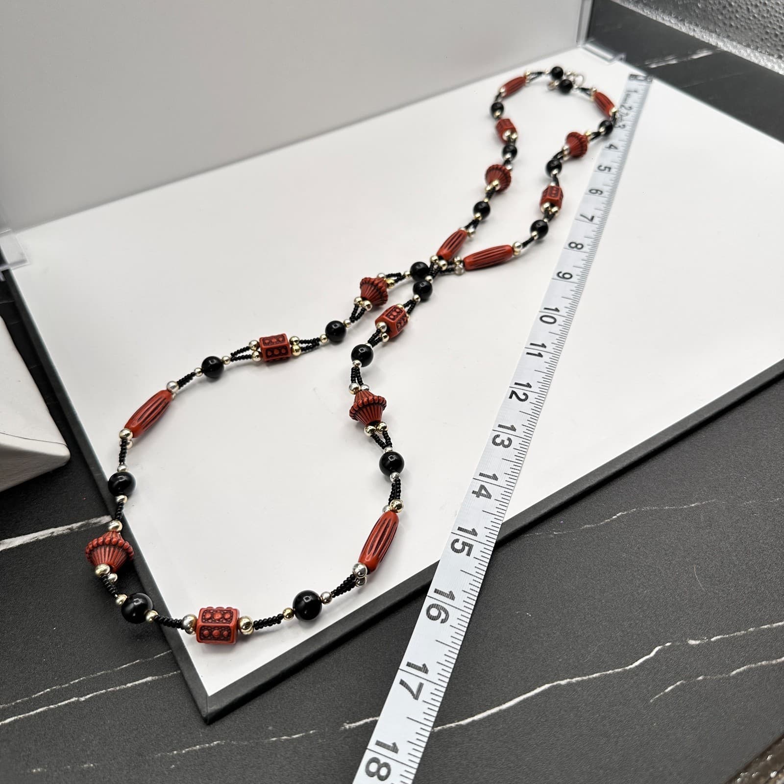 Vintage 80s 90s Silver Tone Black Beaded Multi-Strand Necklace Women's Jewelry - Thumbnail 10