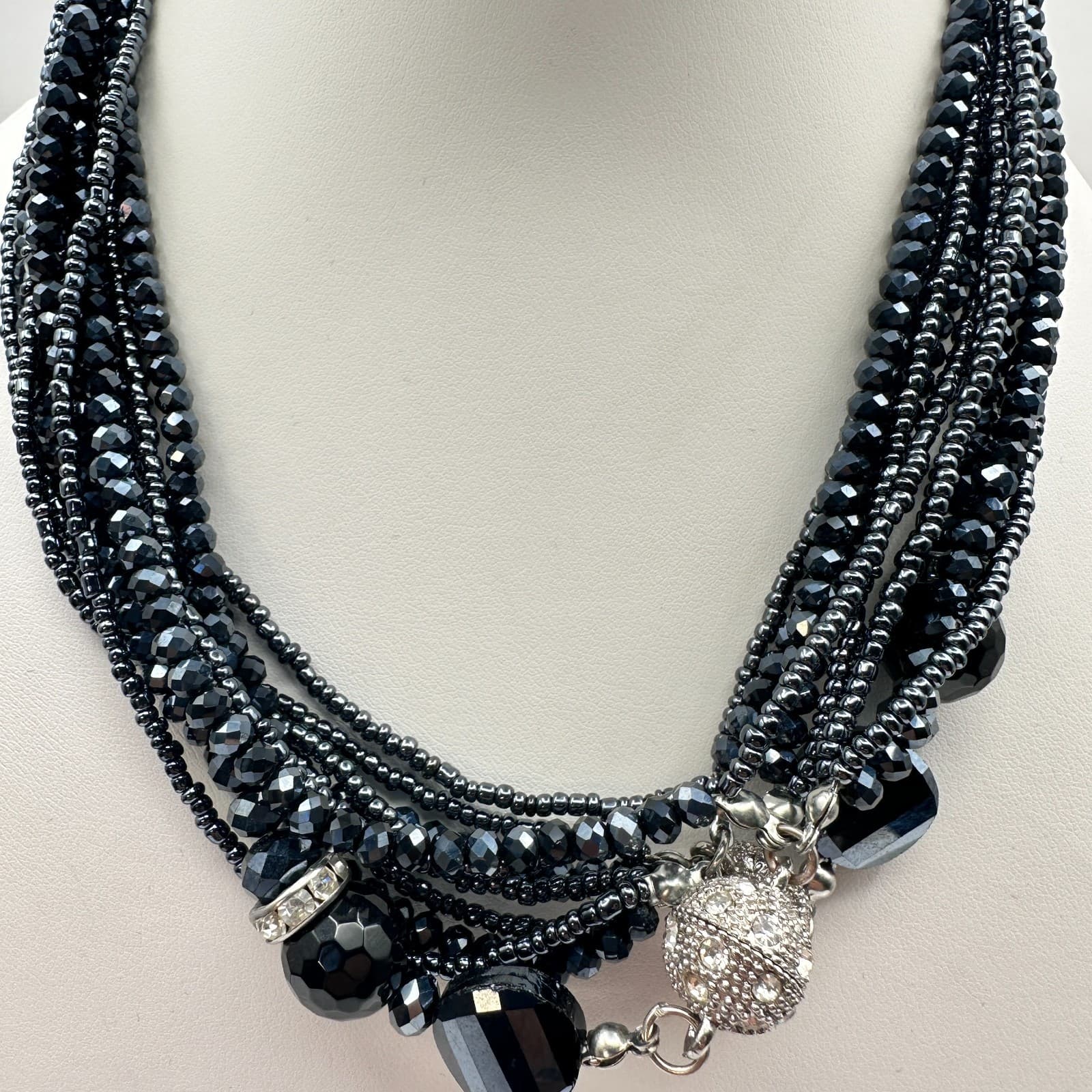 Vintage 80s 70s Multi-Strand Black Beaded Statement Necklace Boho Jewelry - Thumbnail 9
