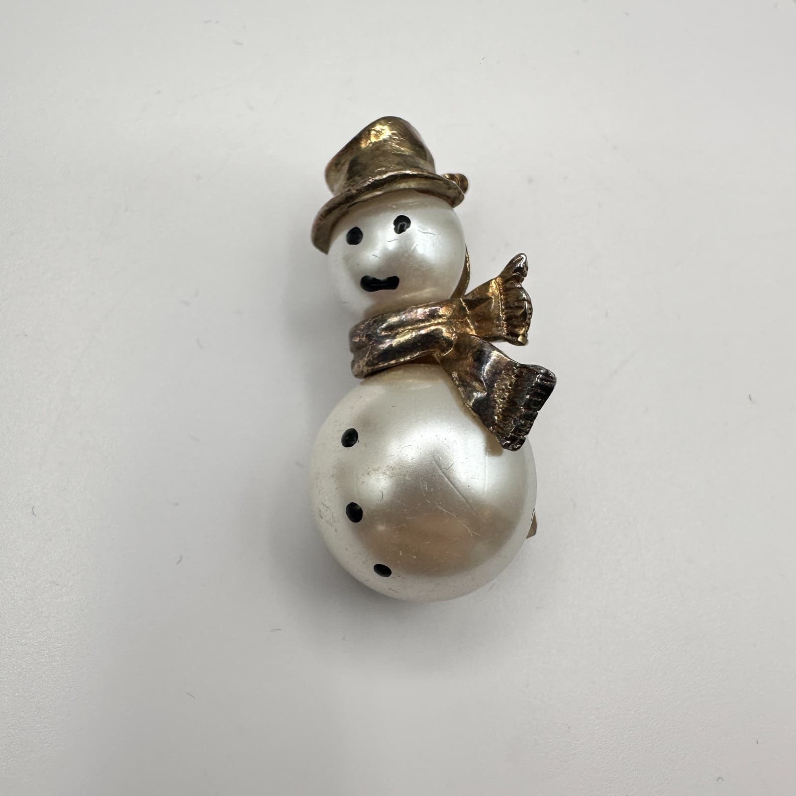 Vintage 80s 90s Snowman Brooch Pin Faux Pearl Gold Tone Christmas Jewelry - Image 1