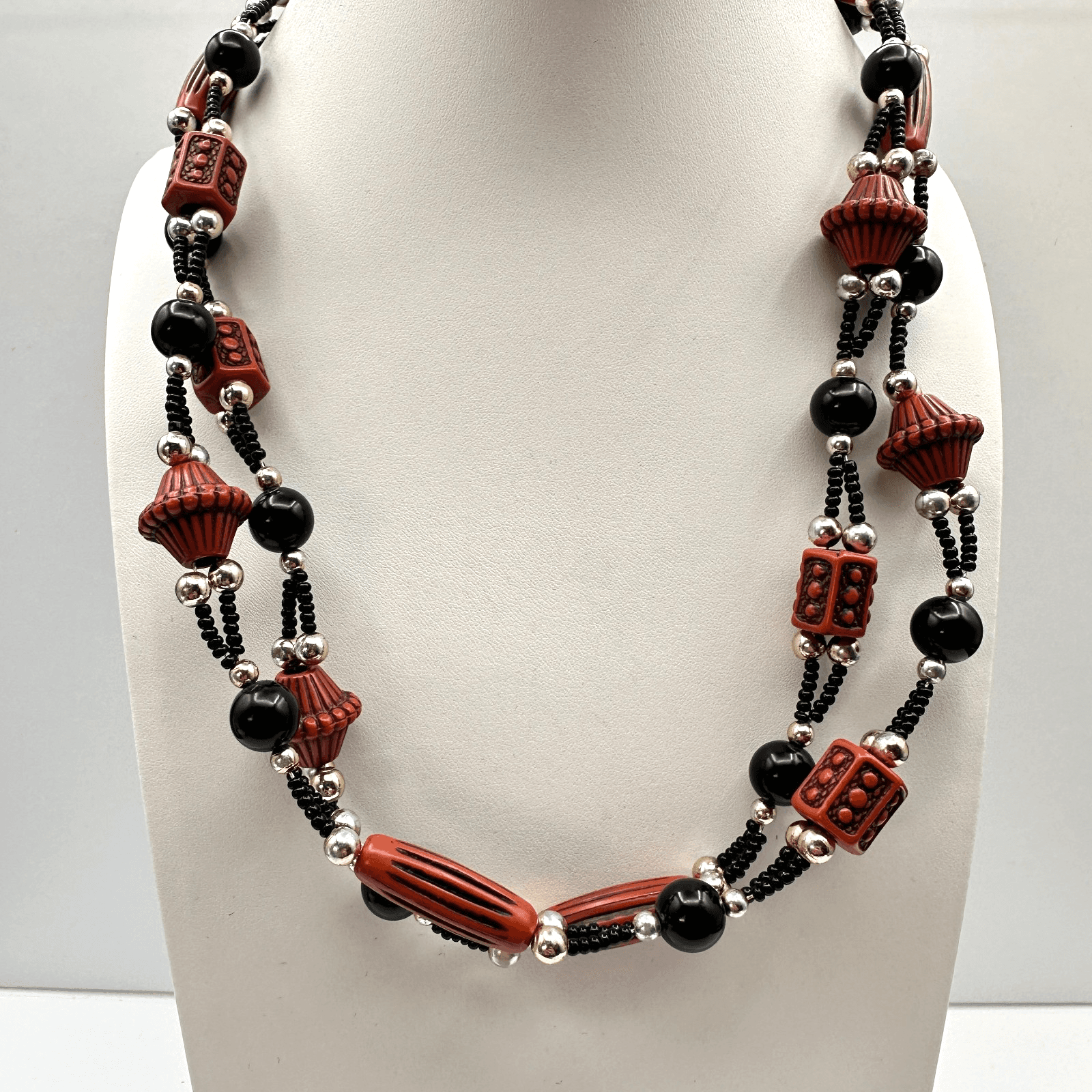 Vintage 80s 90s Silver Tone Black Beaded Multi-Strand Necklace Women's Jewelry - Image 1