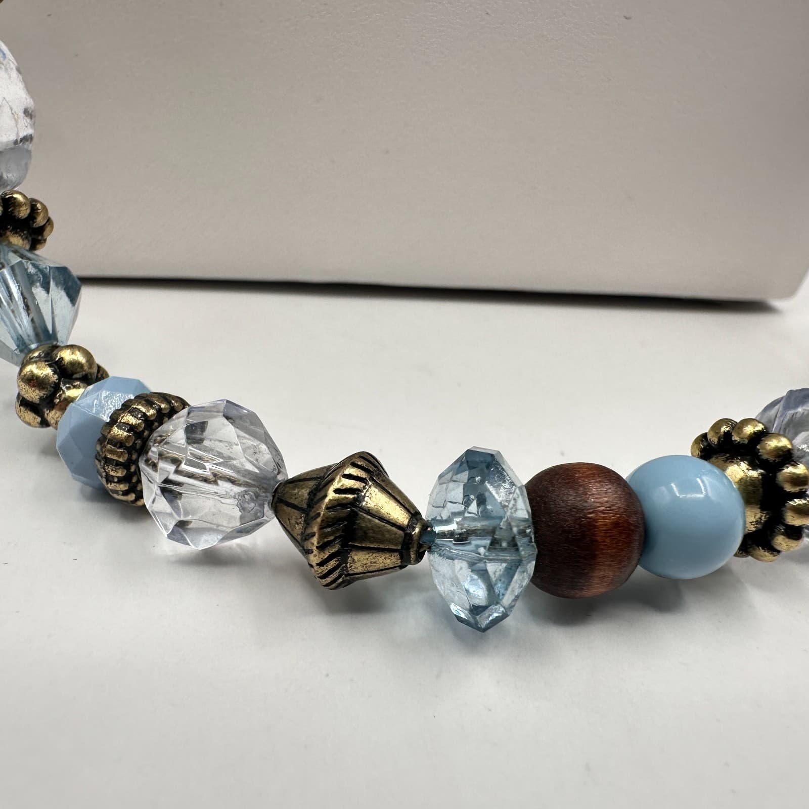 Vintage 90s Blue Purple Faceted Crystal Wood Bead Necklace Statement Jewelry - Thumbnail 3