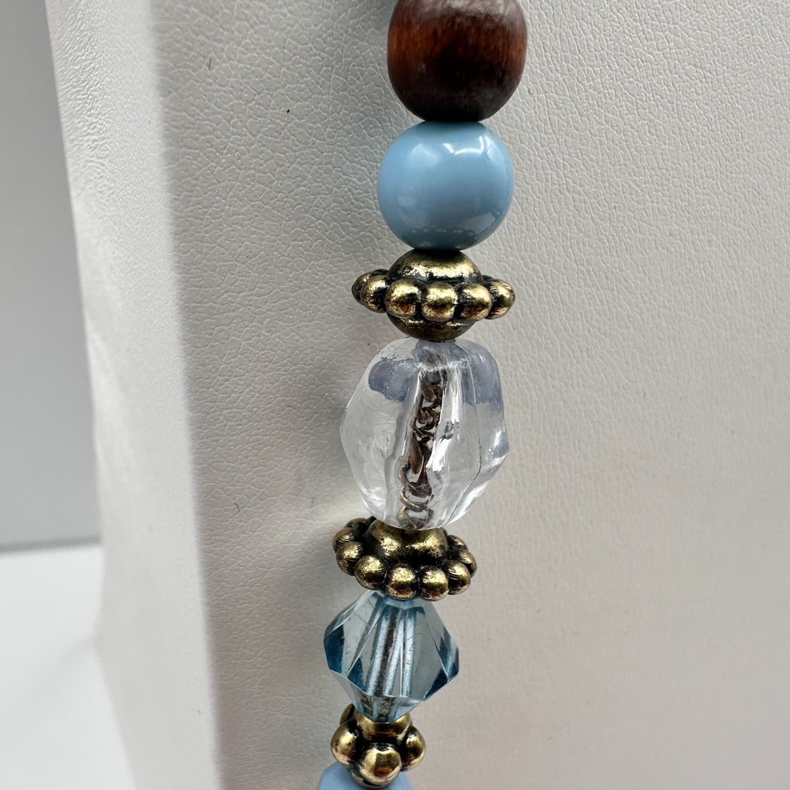 Vintage 90s Blue Purple Faceted Crystal Wood Bead Necklace Statement Jewelry - Thumbnail 7