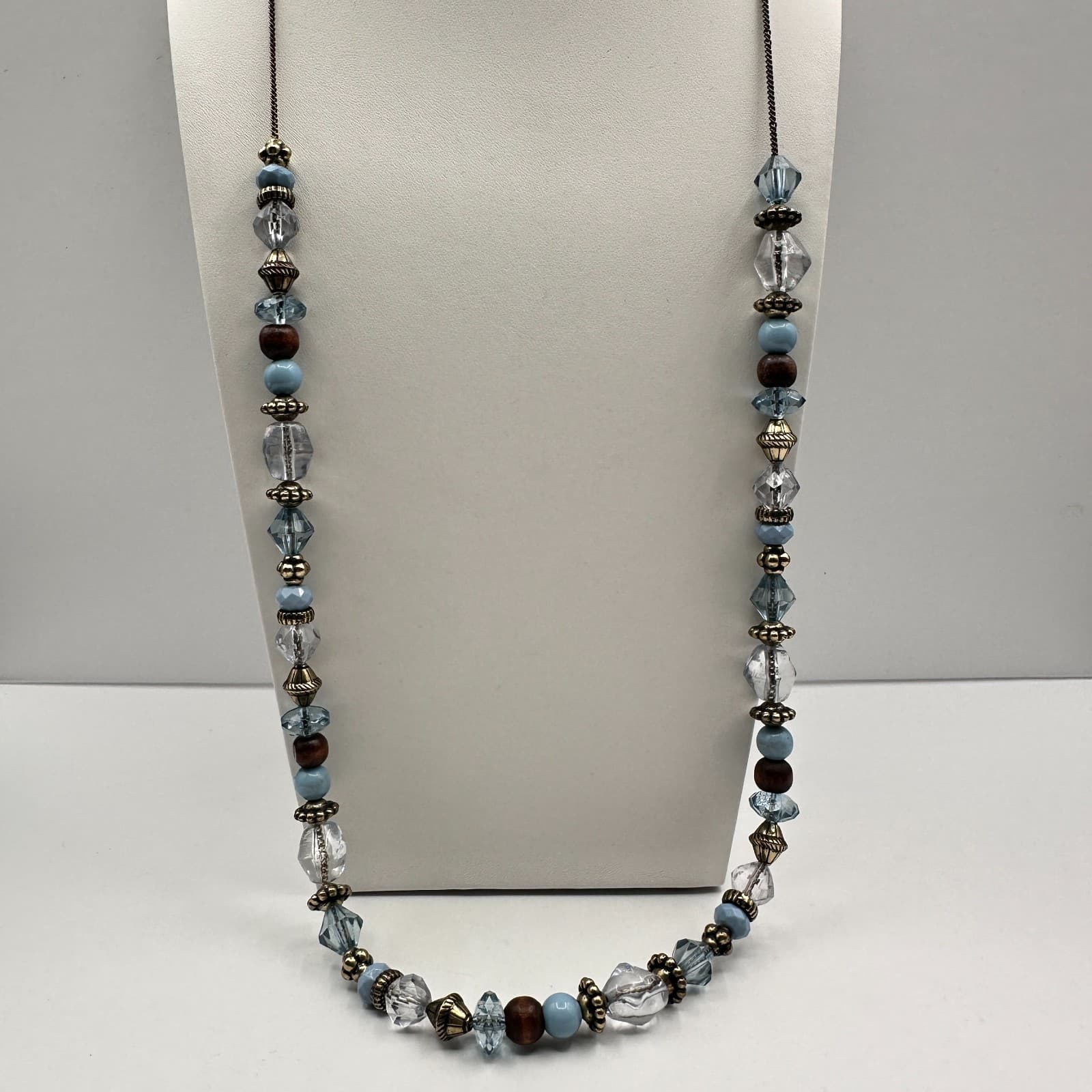Vintage 90s Blue Purple Faceted Crystal Wood Bead Necklace Statement Jewelry - Image 1
