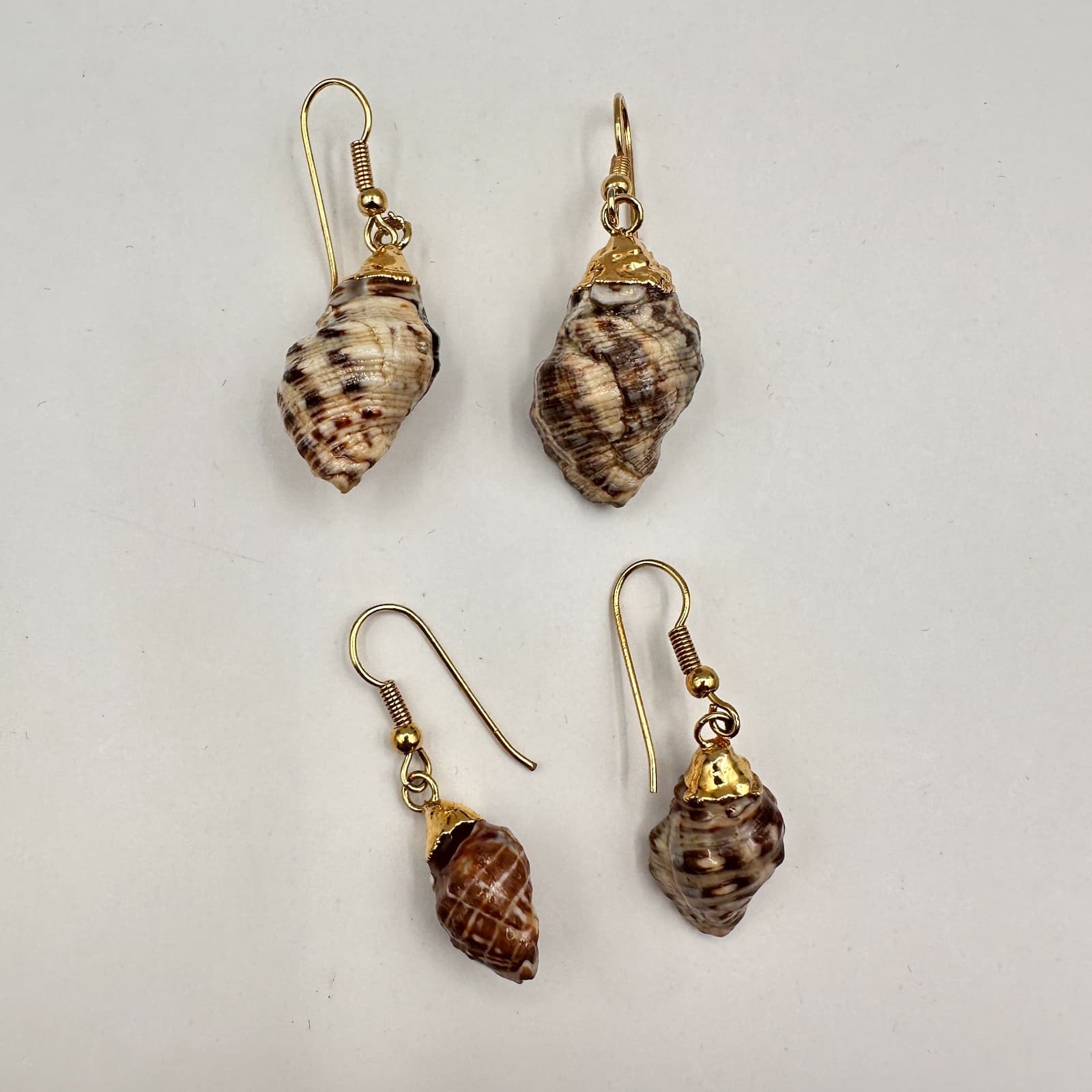 Vintage 90s Sea Shell Dangle Earrings Set of 2 Gold Tone Boho Beach Jewelry - Image 1