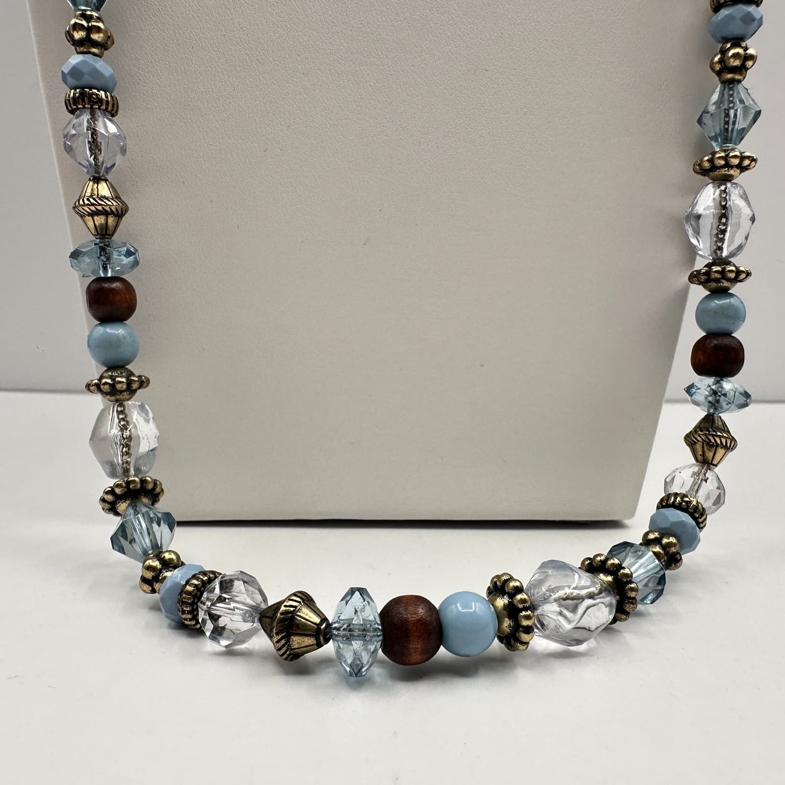 Vintage 90s Blue Purple Faceted Crystal Wood Bead Necklace Statement Jewelry - Thumbnail 2