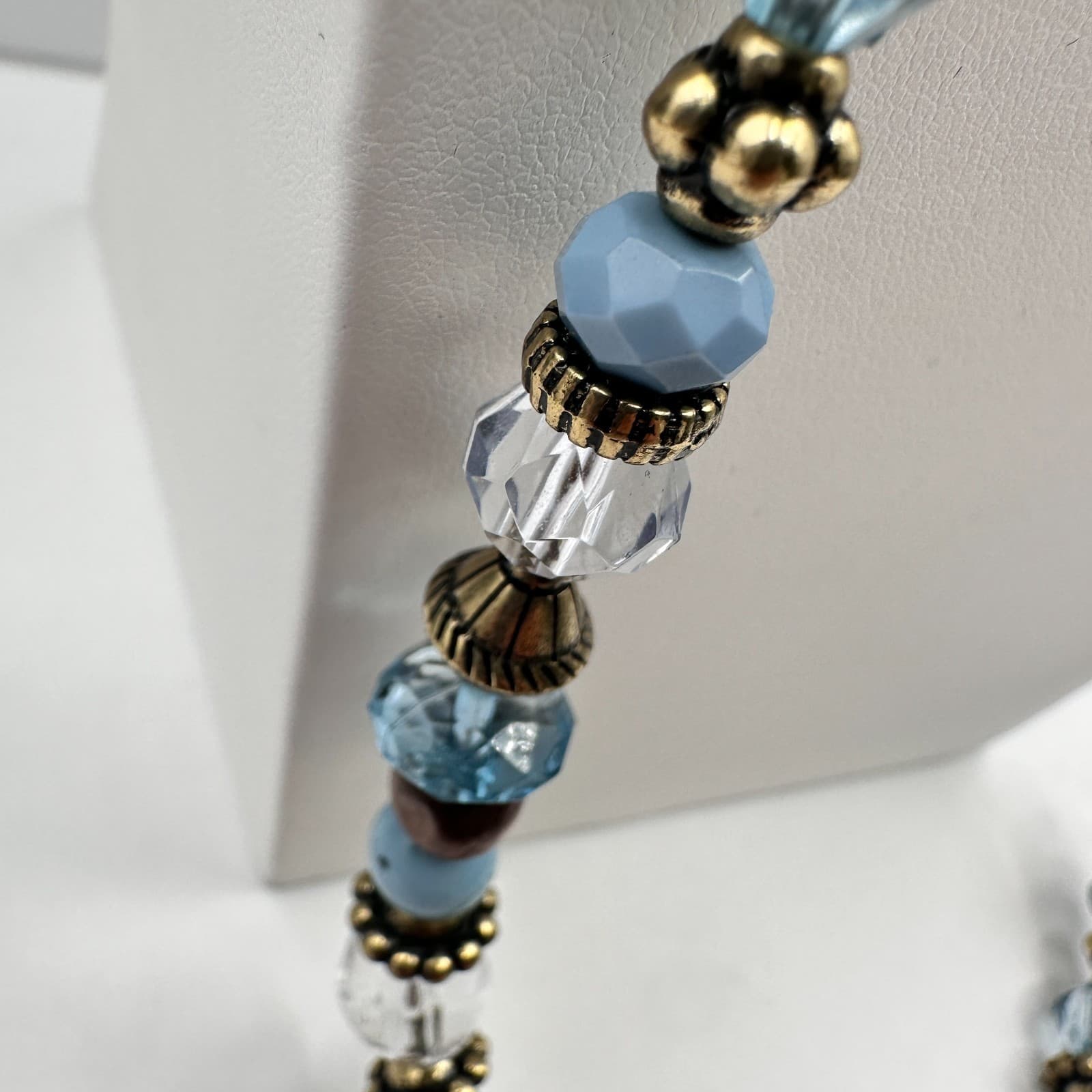 Vintage 90s Blue Purple Faceted Crystal Wood Bead Necklace Statement Jewelry - Thumbnail 8