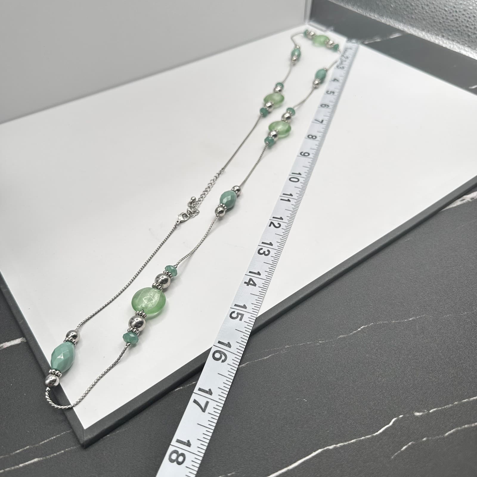 Vintage 90s Green Silver Tone Strands Beaded Necklace Statement Fashion Jewelry - Thumbnail 8