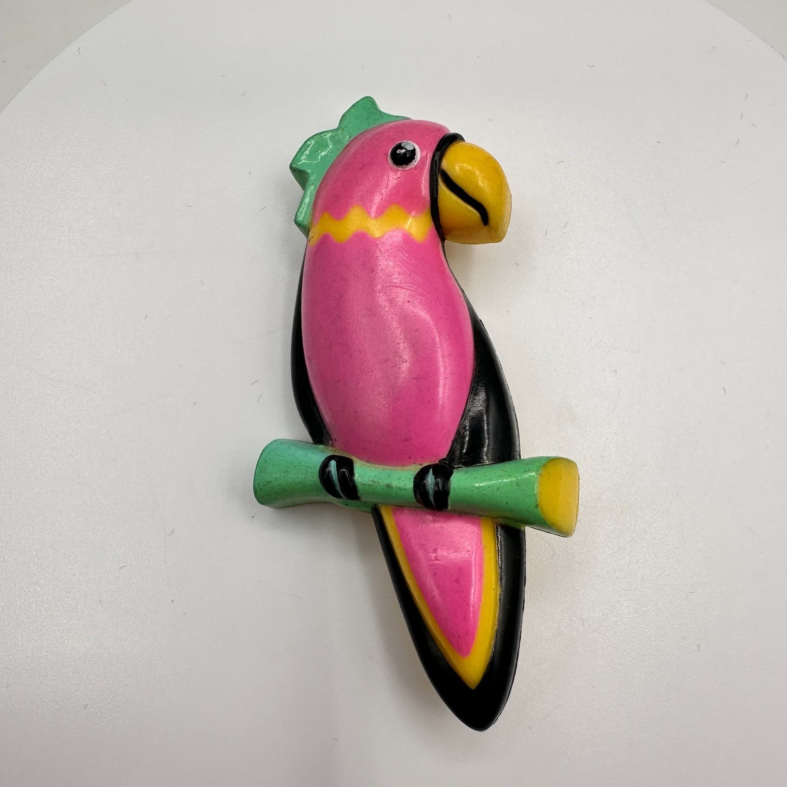 Vintage 80s Neon Pink Parrot Plastic Wood Brooch Pin Yellow Green Bird Jewelry - Thumbnail 2