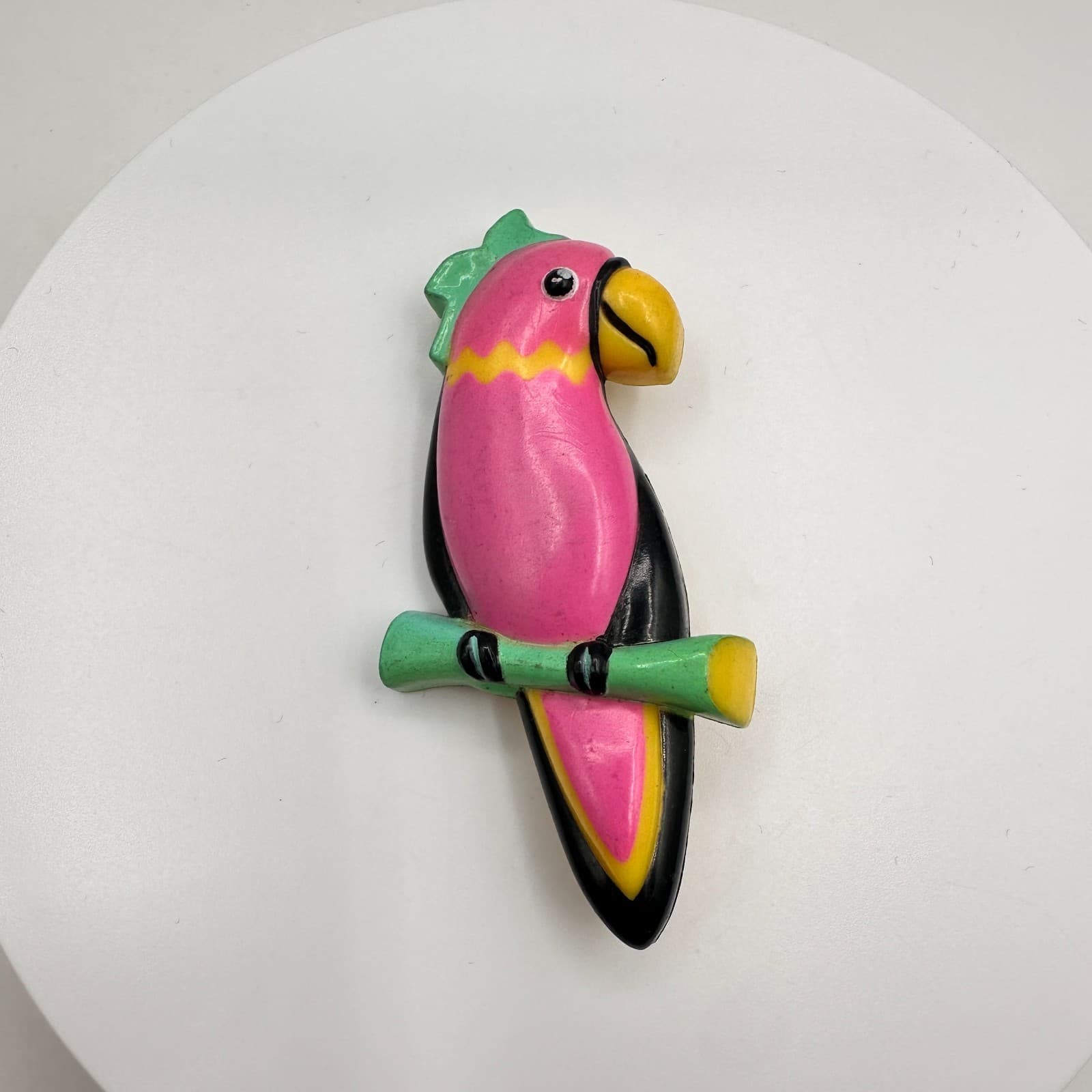Vintage 80s Neon Pink Parrot Plastic Wood Brooch Pin Yellow Green Bird Jewelry - Image 1