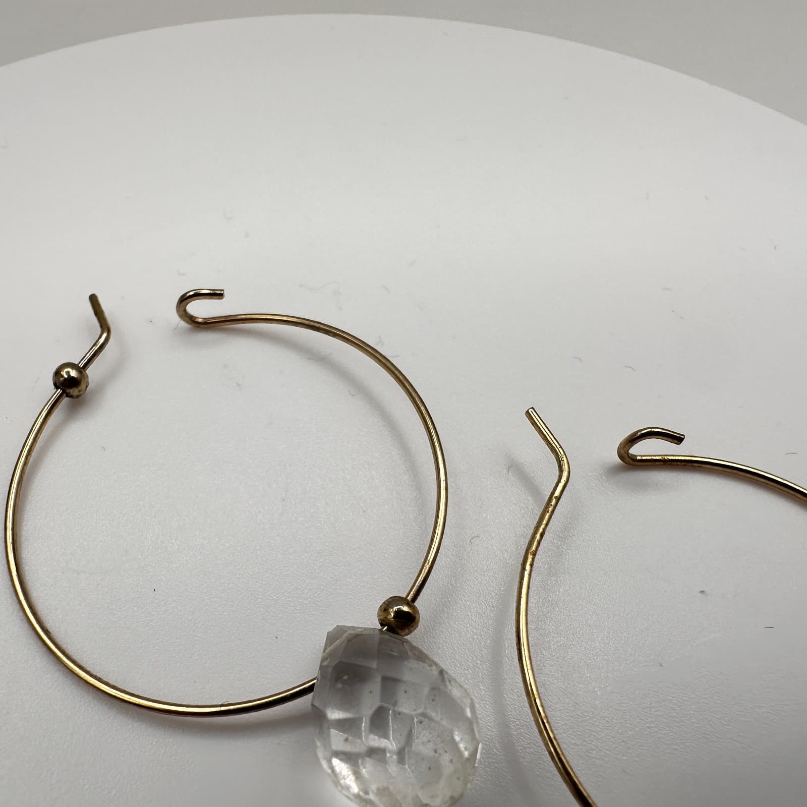 Vintage 80s Clear Quartz Teardrop Dangle Hoop Earrings Gold Tone Jewelry - Thumbnail 5