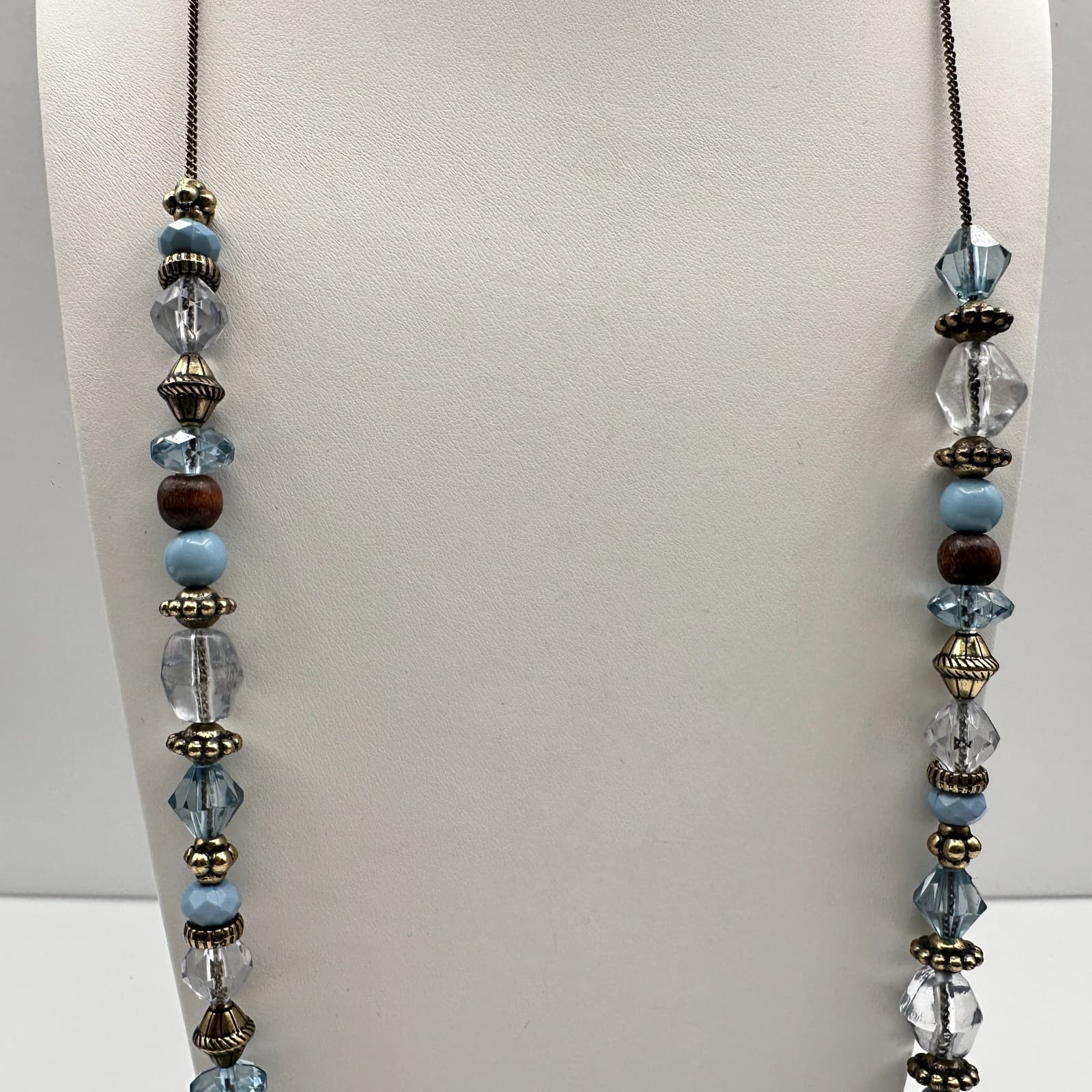 Vintage 90s Blue Purple Faceted Crystal Wood Bead Necklace Statement Jewelry - Thumbnail 6