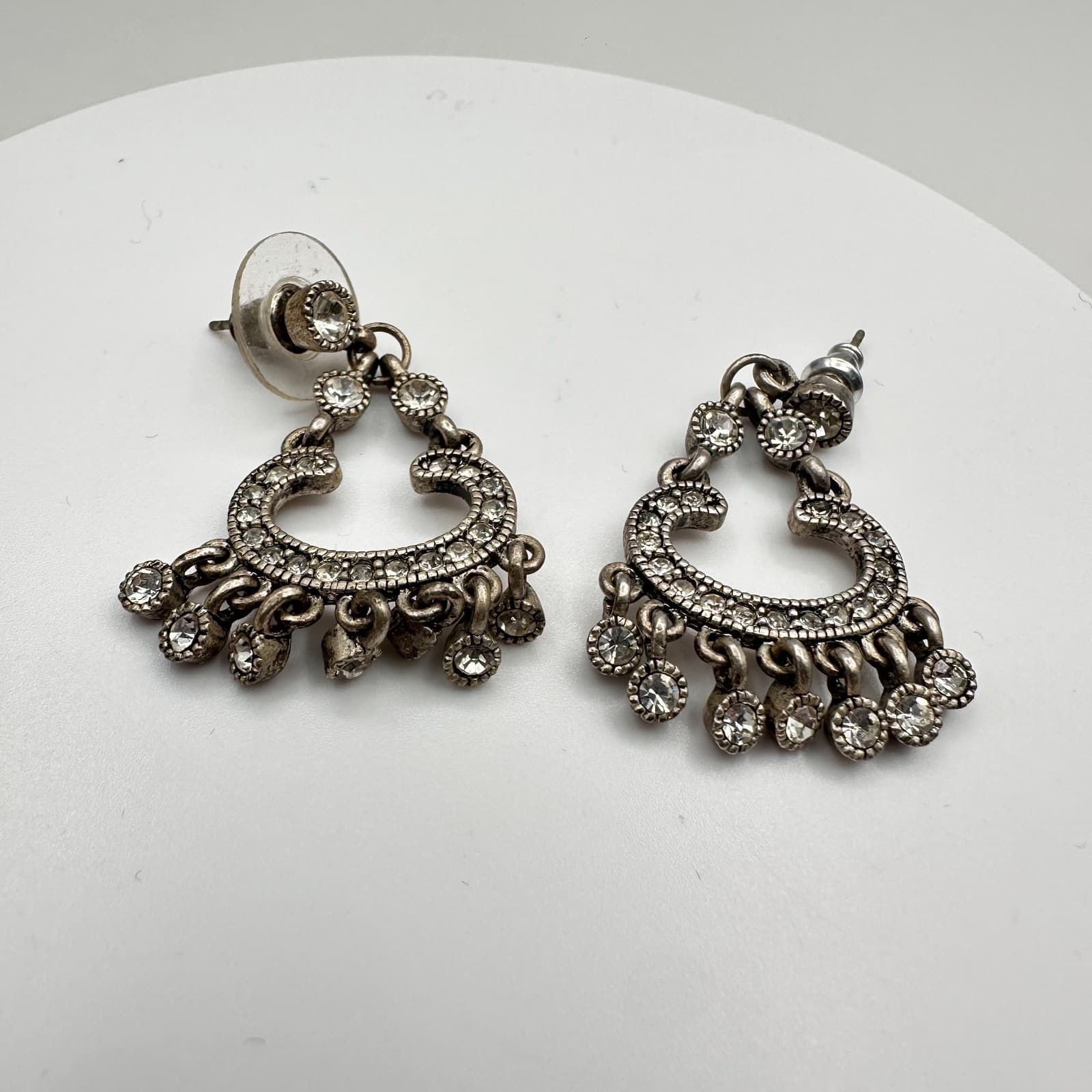 Vintage 80s Silver Tone Chand Dangle Drop Earrings Rhinestone Jewelry - Thumbnail 2
