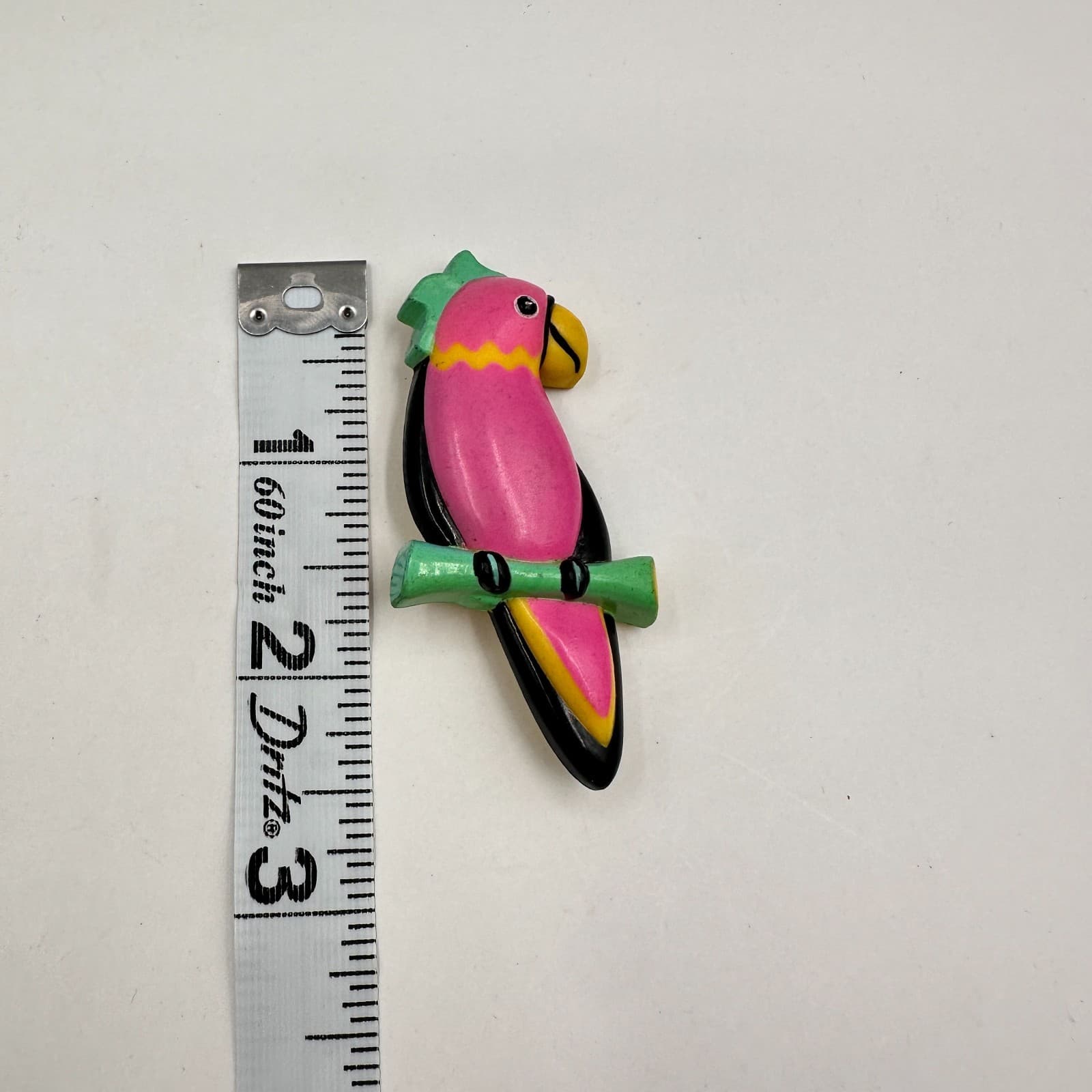 Vintage 80s Neon Pink Parrot Plastic Wood Brooch Pin Yellow Green Bird Jewelry - Thumbnail 7