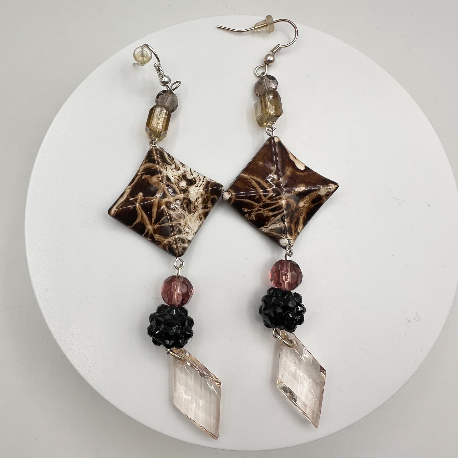 Vintage 90s Geometric Brown Black Crystal Dangle Drop Earring Hook Woman Jewelry - Thumbnail 2