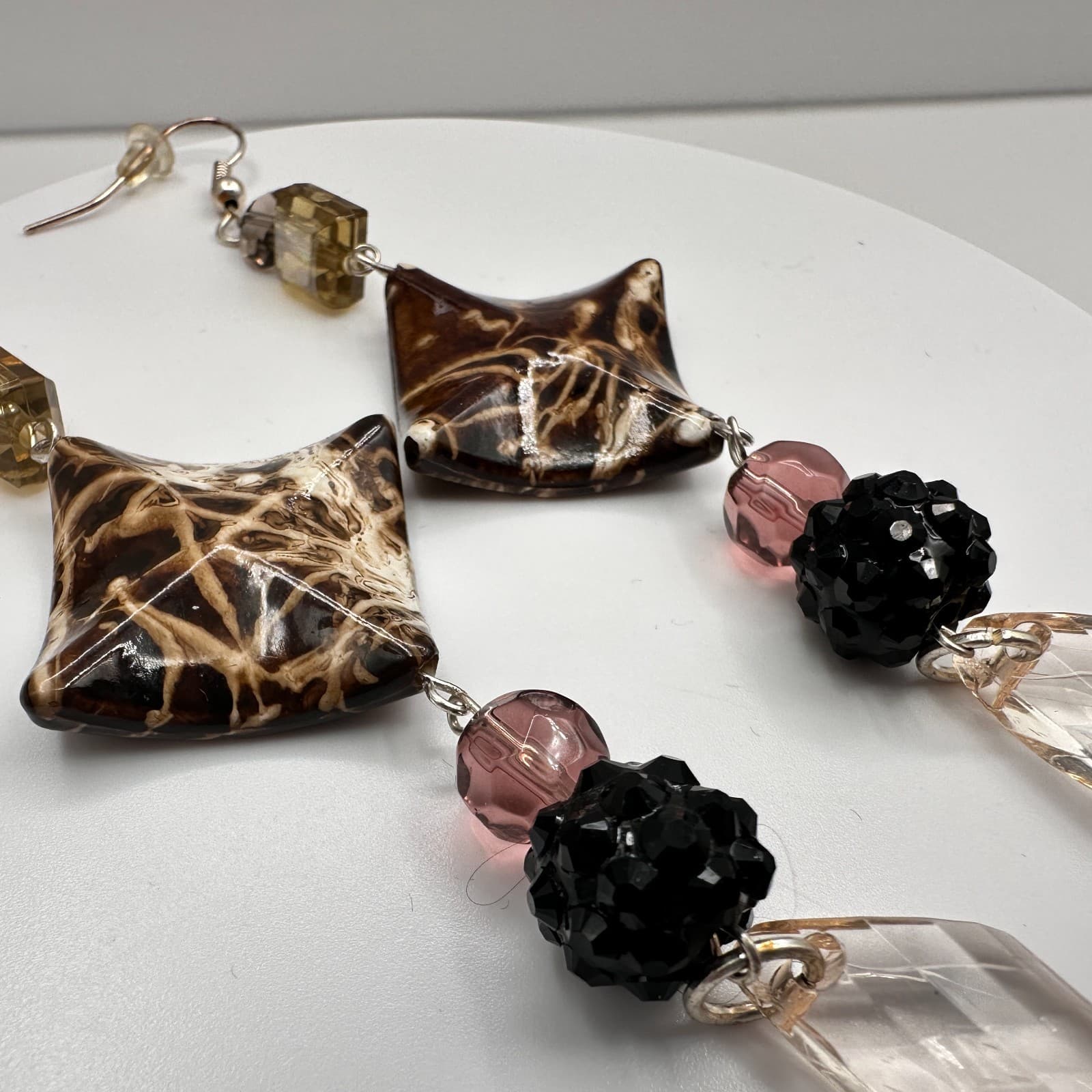 Vintage 90s Geometric Brown Black Crystal Dangle Drop Earring Hook Woman Jewelry - Thumbnail 6