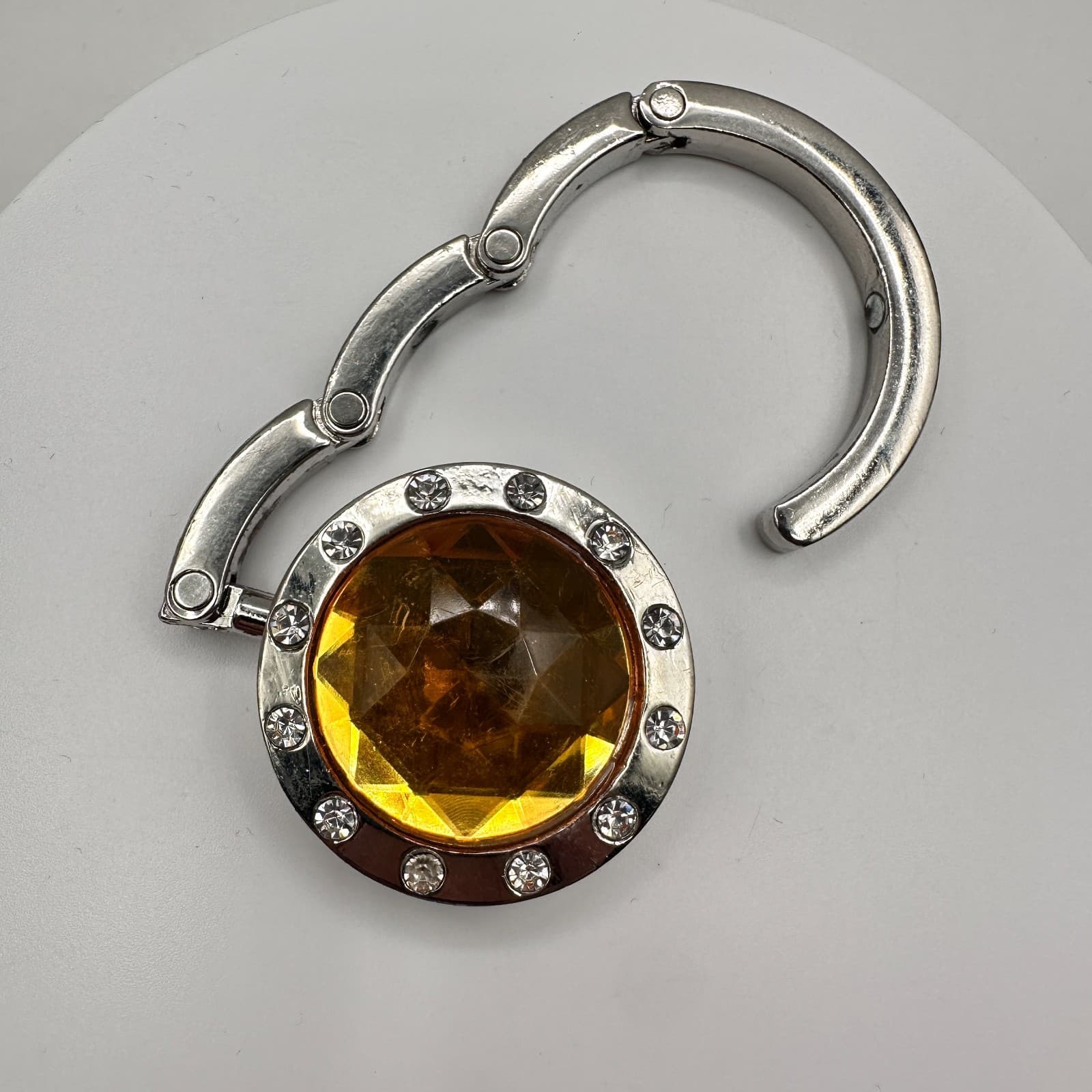 Vintage 90s Portable Purse Handbag Hook Hanger Table Crystal Silver Tone Jewelry - Image 1