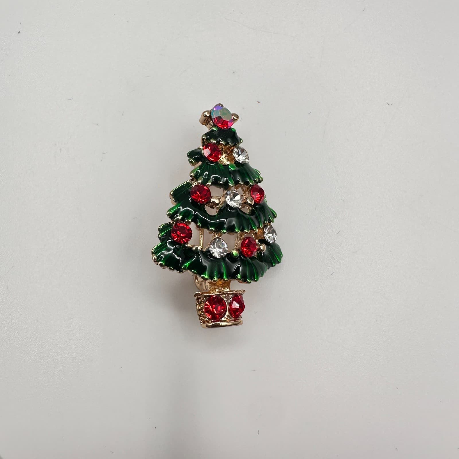 Vintage 90s Christmas Tree Brooch Pin Rhinestone Glass Gold Tone Classic Jewelry - Thumbnail 2