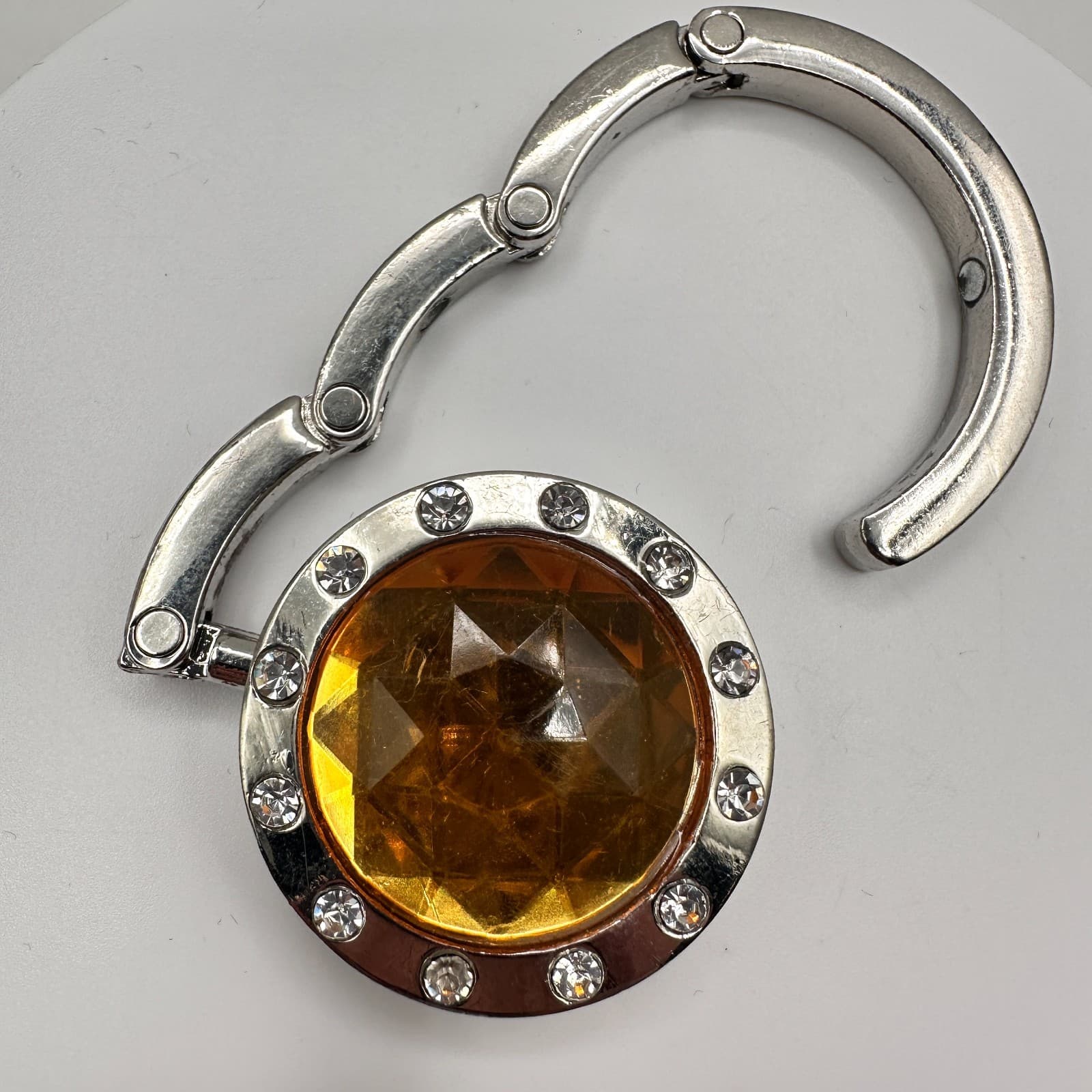 Vintage 90s Portable Purse Handbag Hook Hanger Table Crystal Silver Tone Jewelry - Thumbnail 2