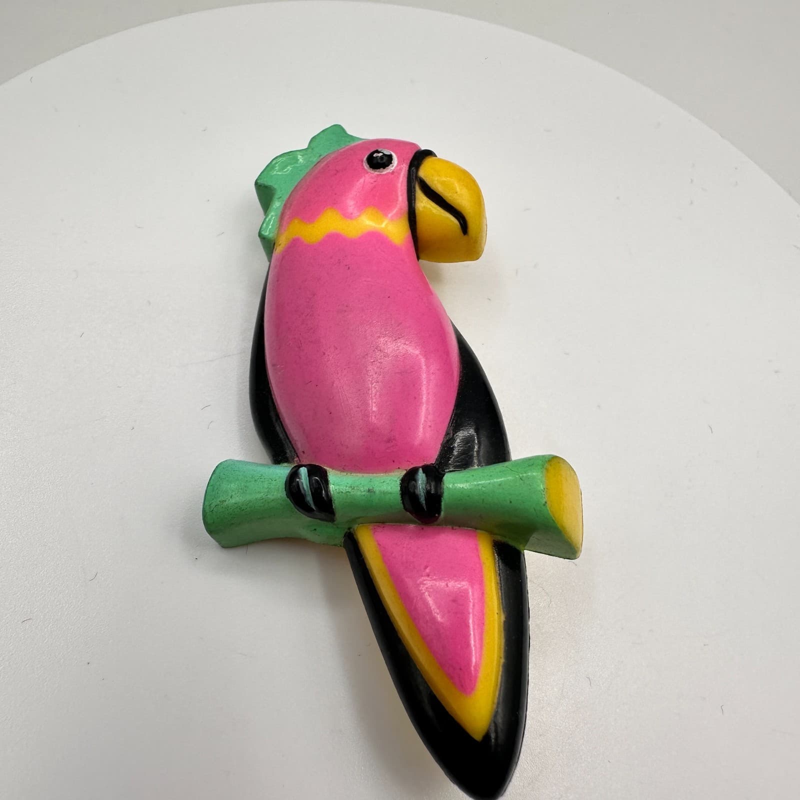 Vintage 80s Neon Pink Parrot Plastic Wood Brooch Pin Yellow Green Bird Jewelry - Thumbnail 3