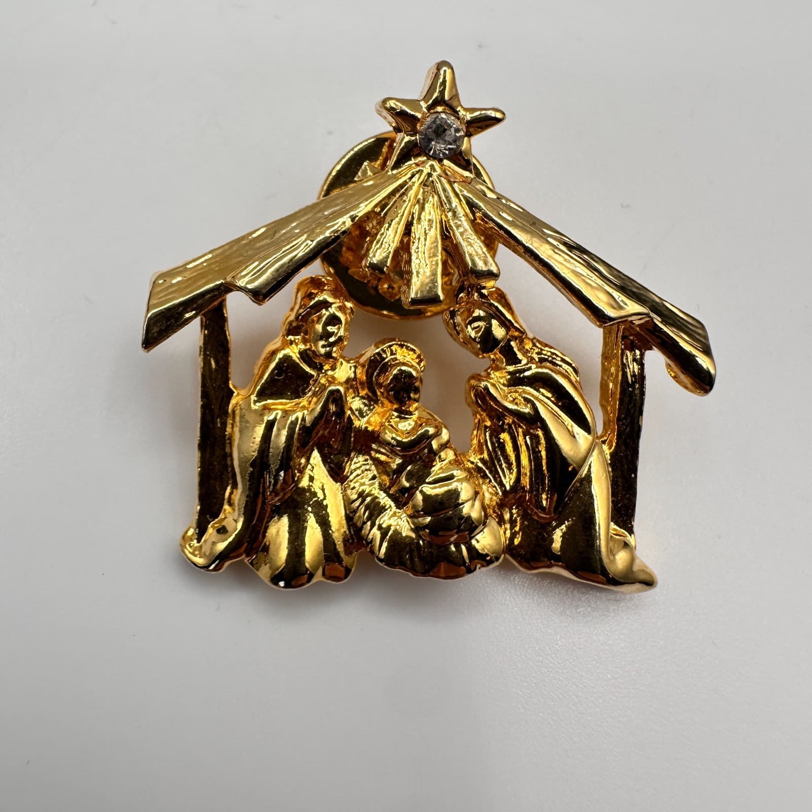 Vintage 90s Gold Tone Nativity Scene Christmas Brooches Pin Clear Glass Jewelry - Thumbnail 3