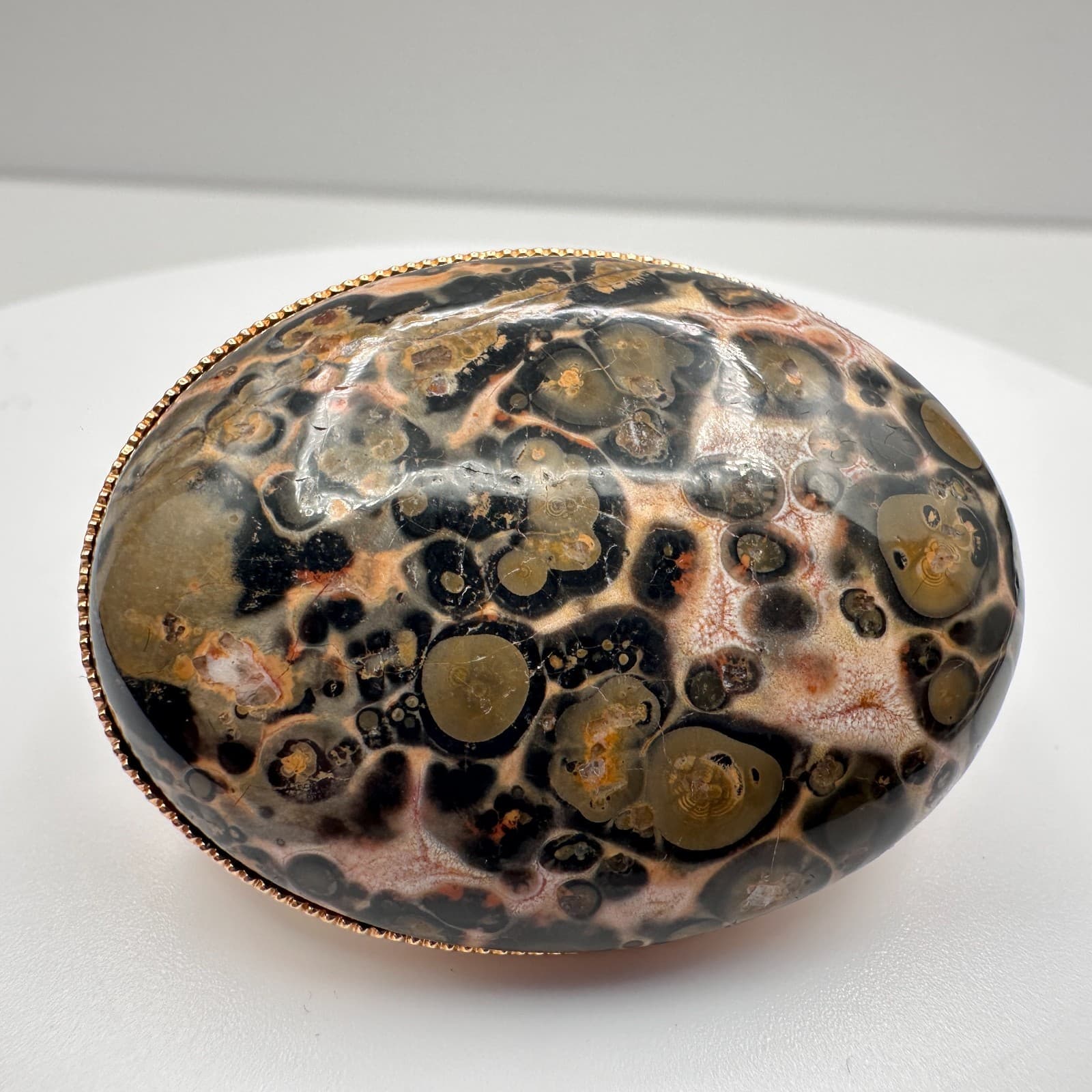 Vintage 80s Leopard Skin Jasper Ring Gold Tone Large Oval Statement Jewelry - Thumbnail 3