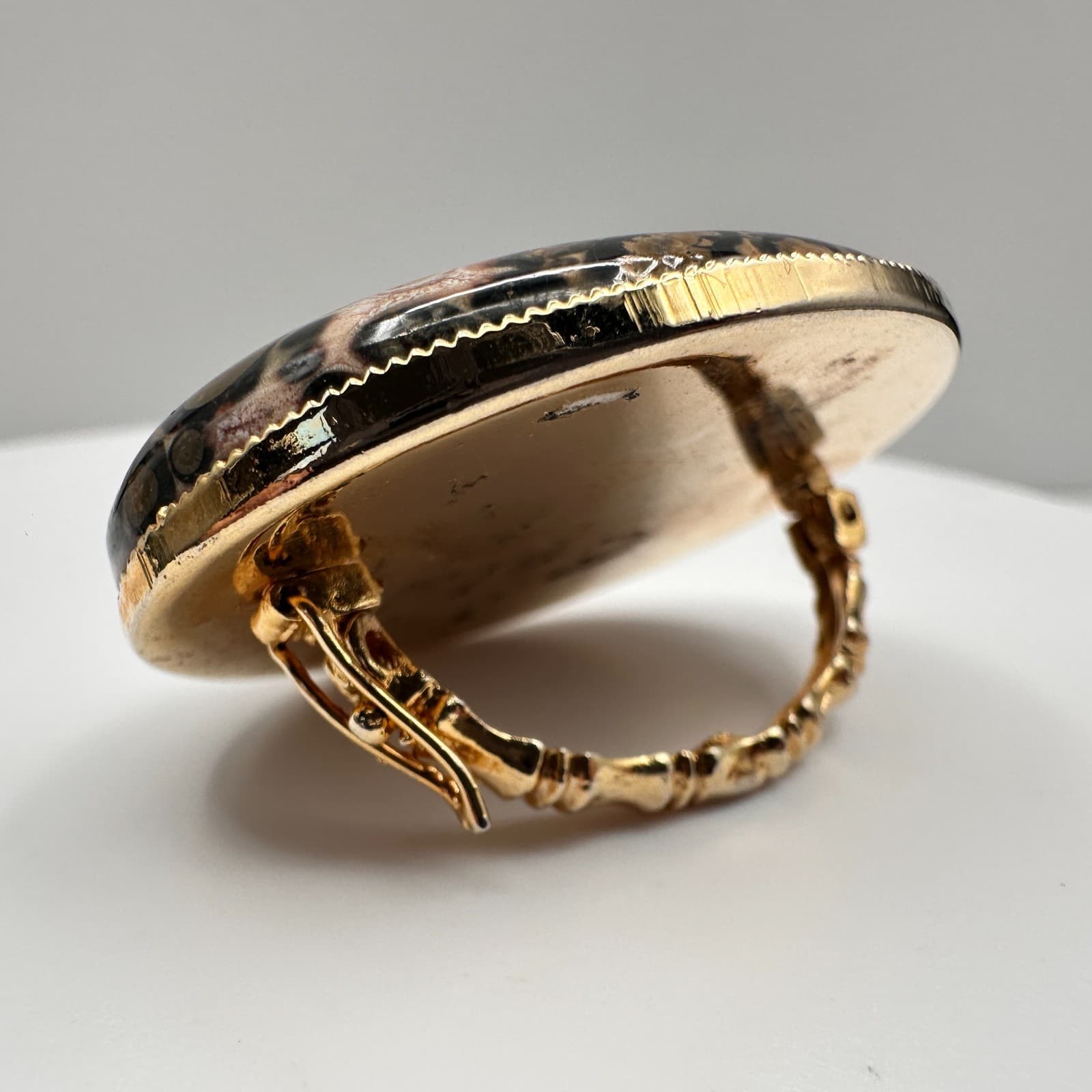 Vintage 80s Leopard Skin Jasper Ring Gold Tone Large Oval Statement Jewelry - Thumbnail 4