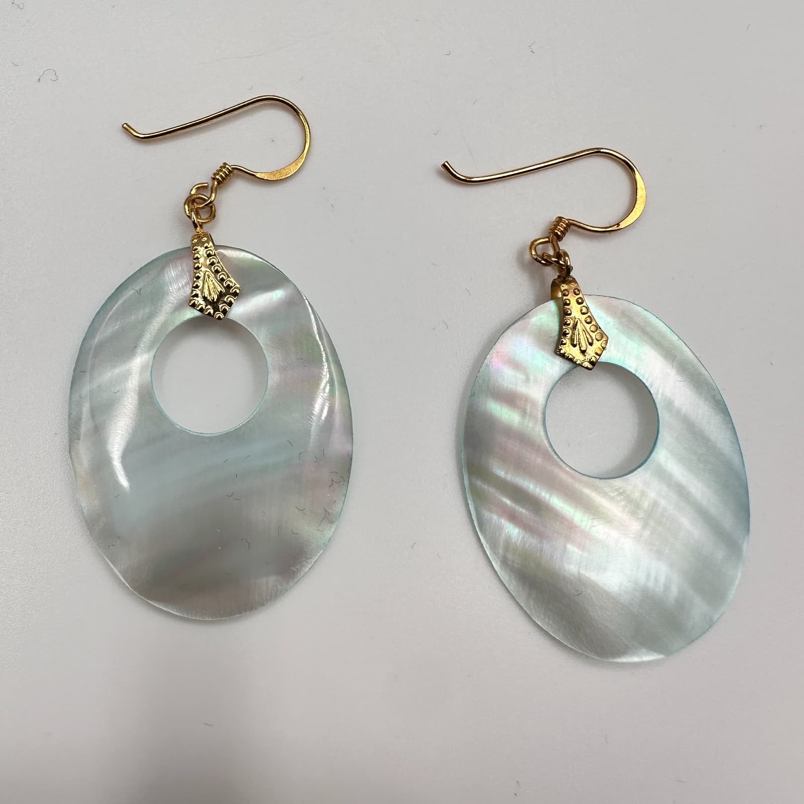 Vintage 90s Mother of Pearl Oval Dangle Earrings Gold Tone Women's Jewelry - Image 1