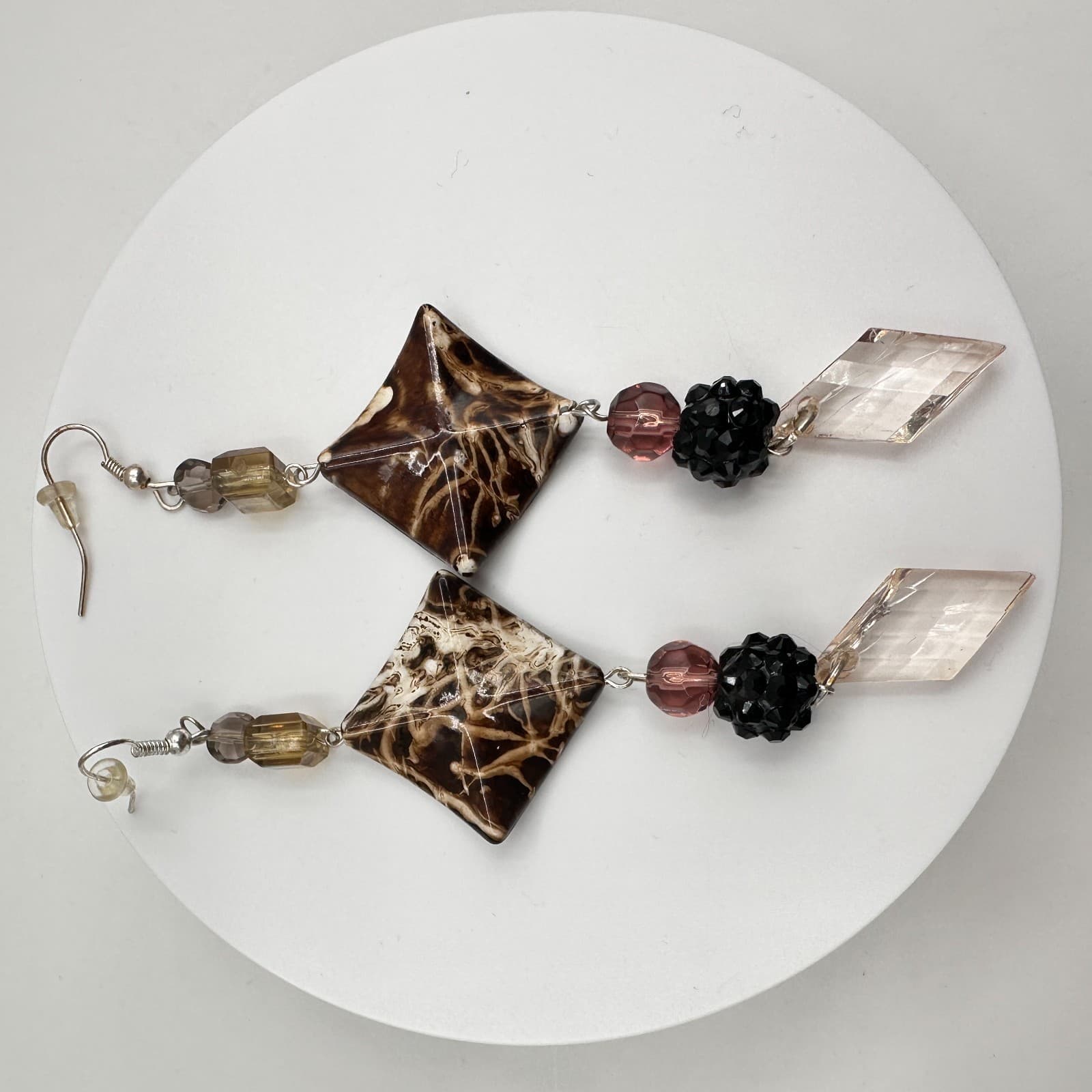 Vintage 90s Geometric Brown Black Crystal Dangle Drop Earring Hook Woman Jewelry - Thumbnail 7