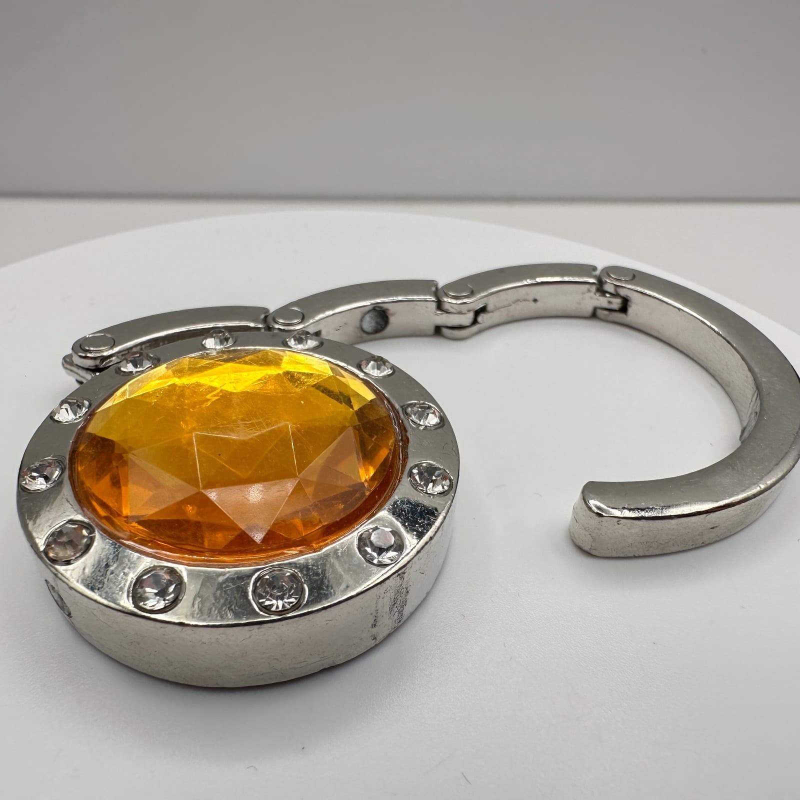 Vintage 90s Portable Purse Handbag Hook Hanger Table Crystal Silver Tone Jewelry - Thumbnail 5