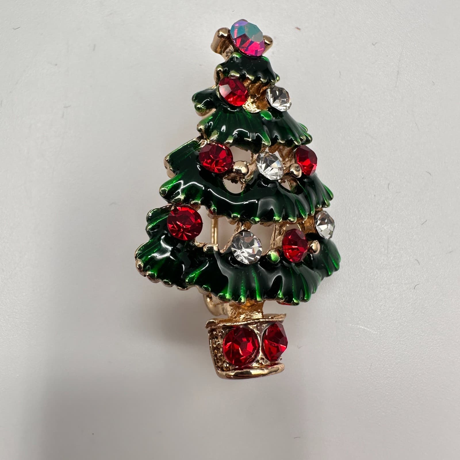Vintage 90s Christmas Tree Brooch Pin Rhinestone Glass Gold Tone Classic Jewelry - Image 1