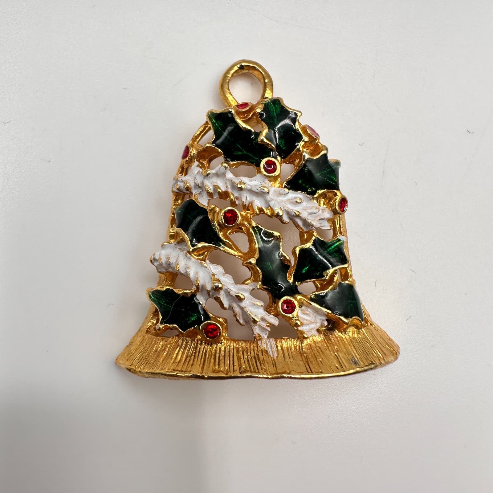 Vintage 80s Christmas Bell Pendant Gold Tone Holly Leaf Enamel Red Stone Jewelry - Image 1