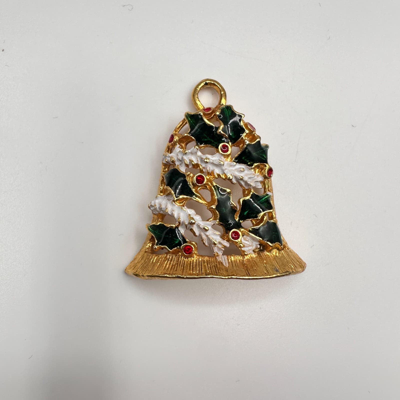 Vintage 80s Christmas Bell Pendant Gold Tone Holly Leaf Enamel Red Stone Jewelry - Thumbnail 2