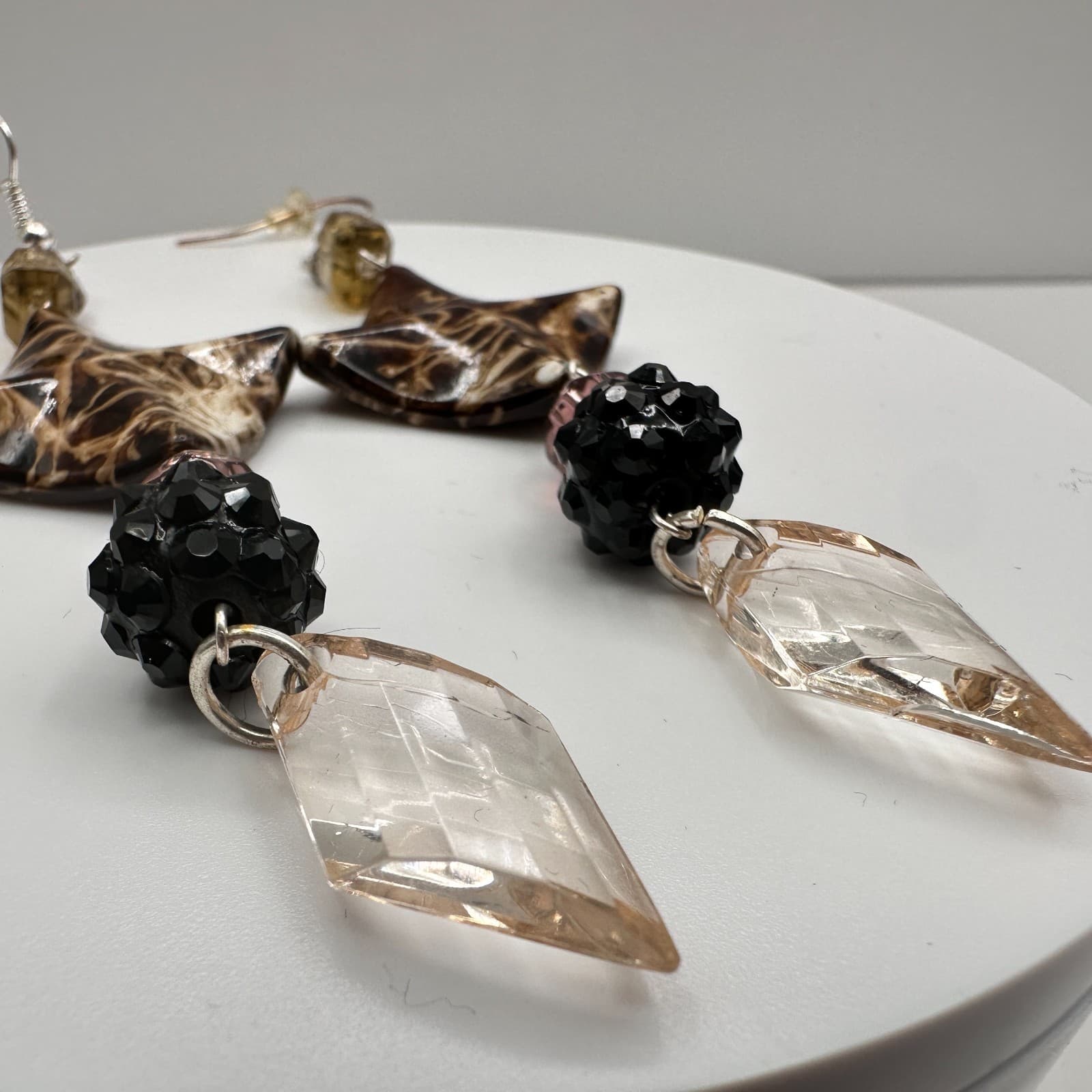 Vintage 90s Geometric Brown Black Crystal Dangle Drop Earring Hook Woman Jewelry - Thumbnail 5