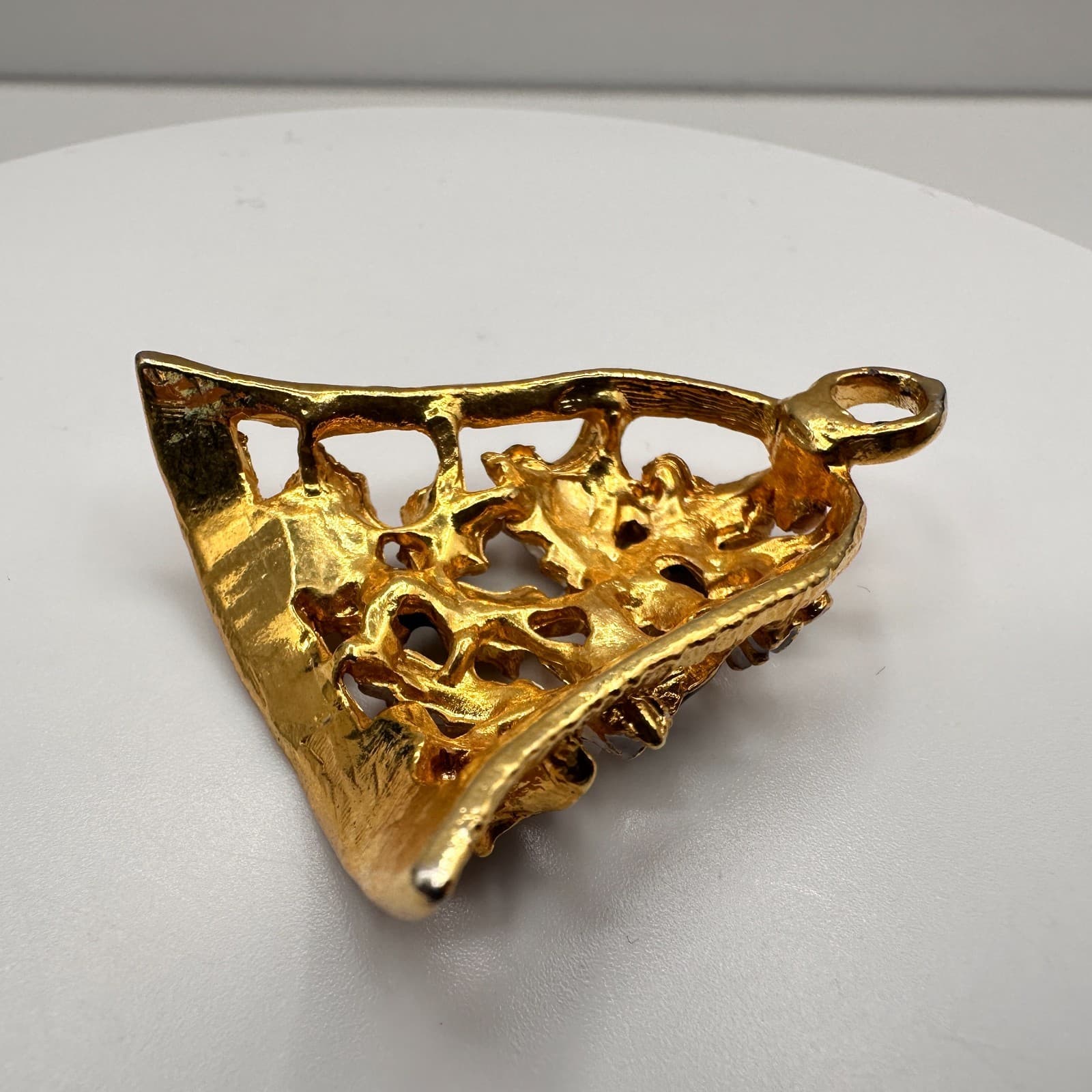 Vintage 80s Christmas Bell Pendant Gold Tone Holly Leaf Enamel Red Stone Jewelry - Thumbnail 4