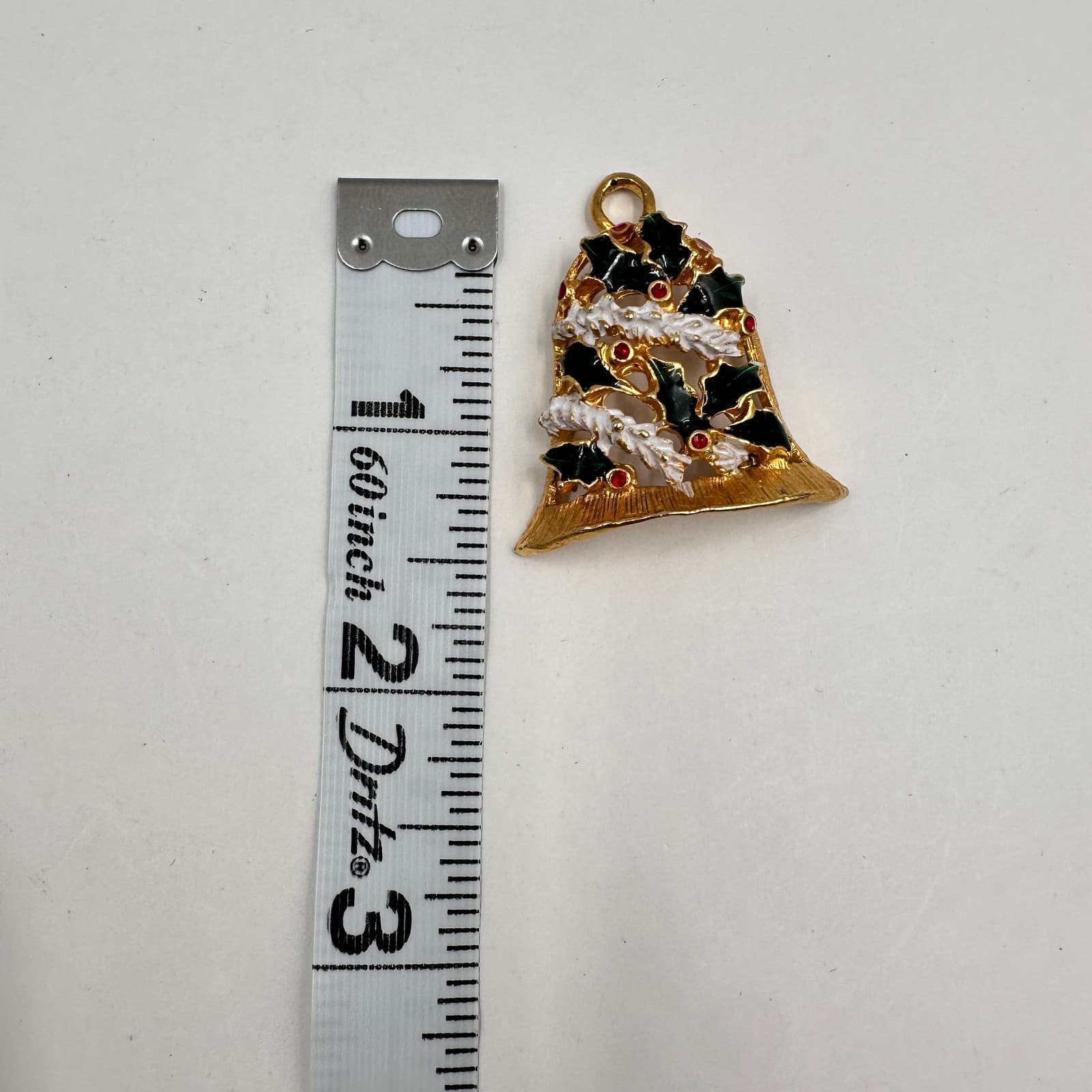 Vintage 80s Christmas Bell Pendant Gold Tone Holly Leaf Enamel Red Stone Jewelry - Thumbnail 6