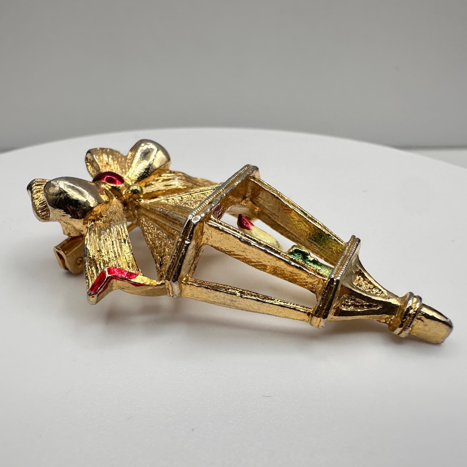 Vintage 80s 90s Gerry's Christmas Candle Lantern Brooch Pin Gold Tone Jewelry - Thumbnail 4